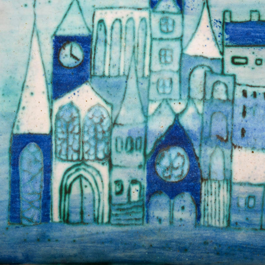Large Blue and White Ceramic Cityscape Plaque-3