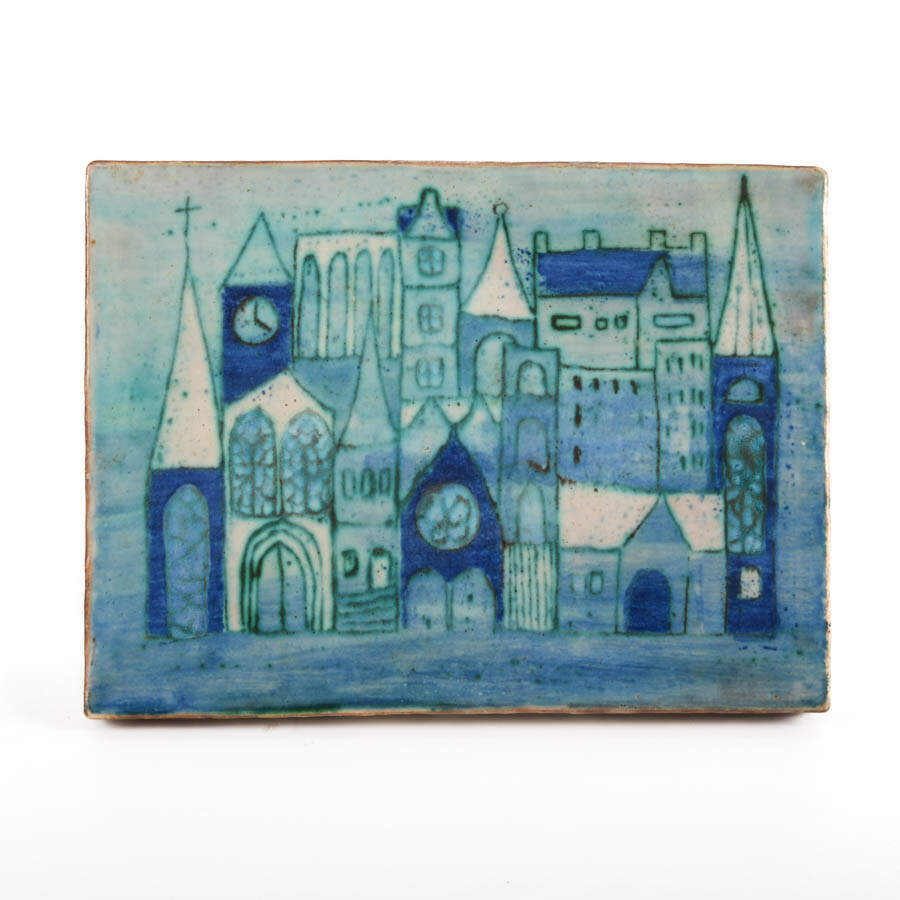 Large Blue and White Ceramic Cityscape Plaque-1