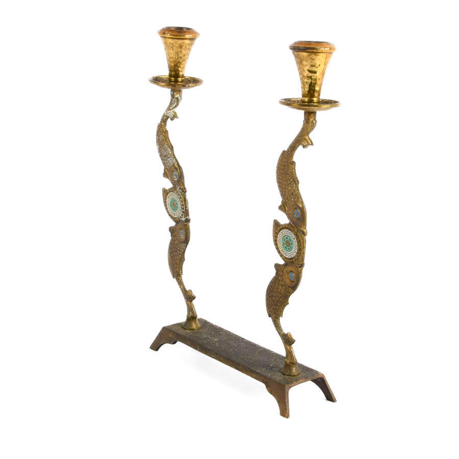 Hammered Brass Judaica Fish Candle Holder-5