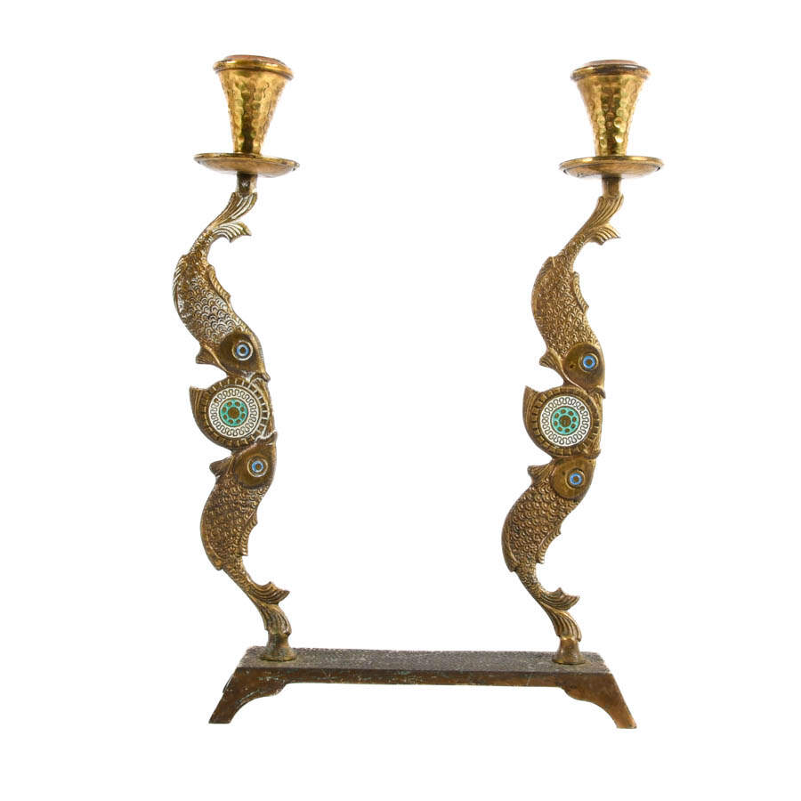 Hammered Brass Judaica Fish Candle Holder-1