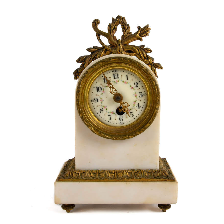 Antique French Gilt Bronze and White Marble Clock-1