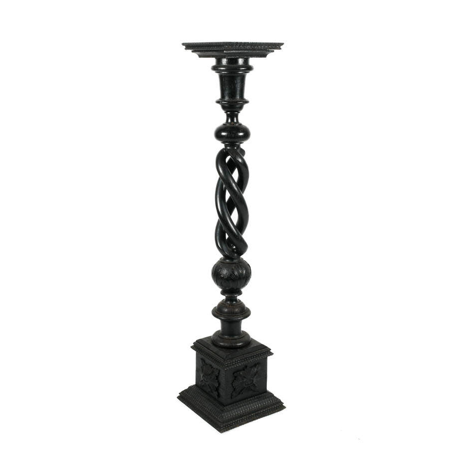 Antique Ebony Barley Twist and Floral Decorated Column-6