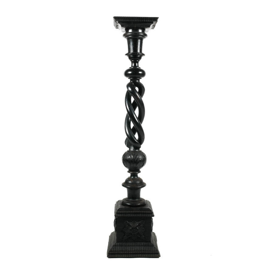 Antique Ebony Barley Twist and Floral Decorated Column-1