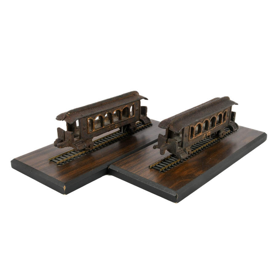 Pair of Cast Iron and Wood Train Bookends-3