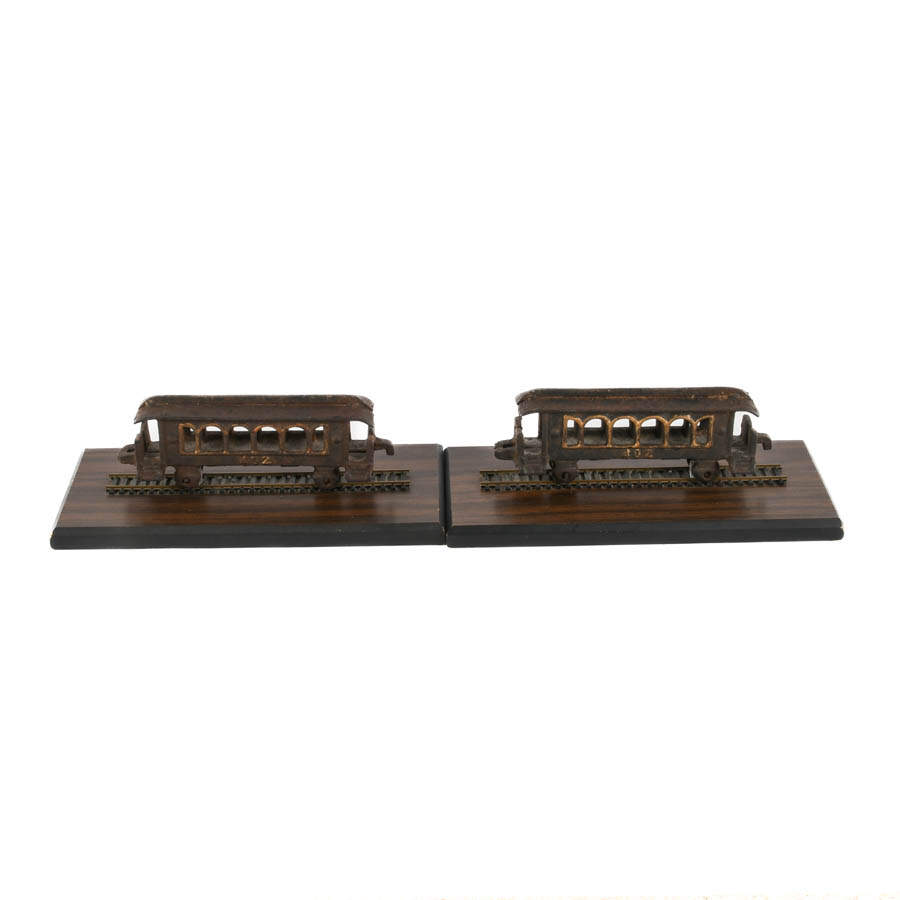Pair of Cast Iron and Wood Train Bookends-1