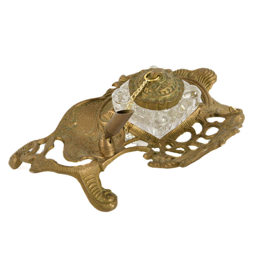 Victorian Style Teleflora Brass Inkwell and Pen Holder-4