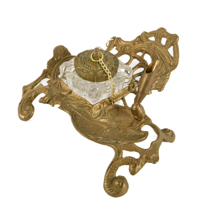 Victorian Style Teleflora Brass Inkwell and Pen Holder-3