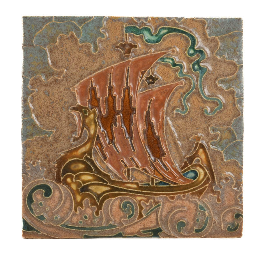 Ernest A. Batchelder Art Nouveau "Viking Ship" Ceramic Tile-1