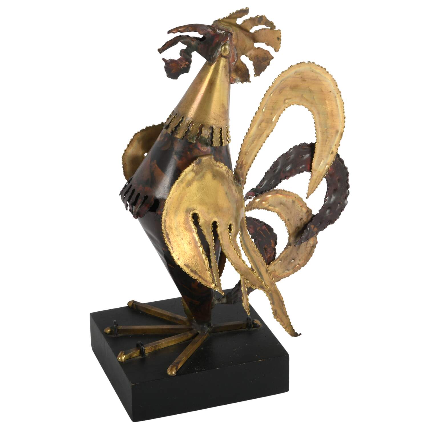 Brutalist Metal Rooster Sculpture on Base-1