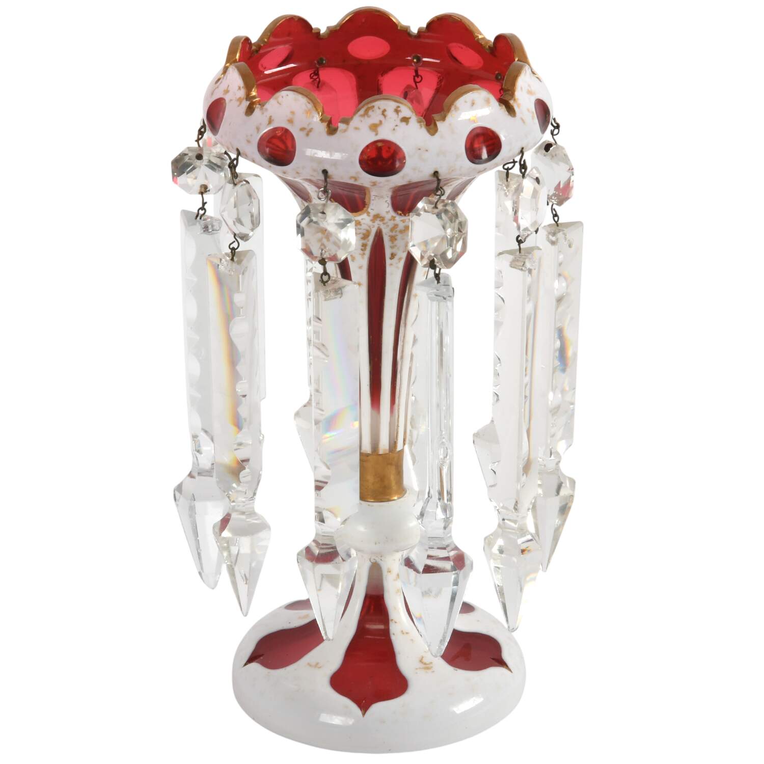 Antique Bohemian Cranberry Mantle Luster with Hanging Prisms-1