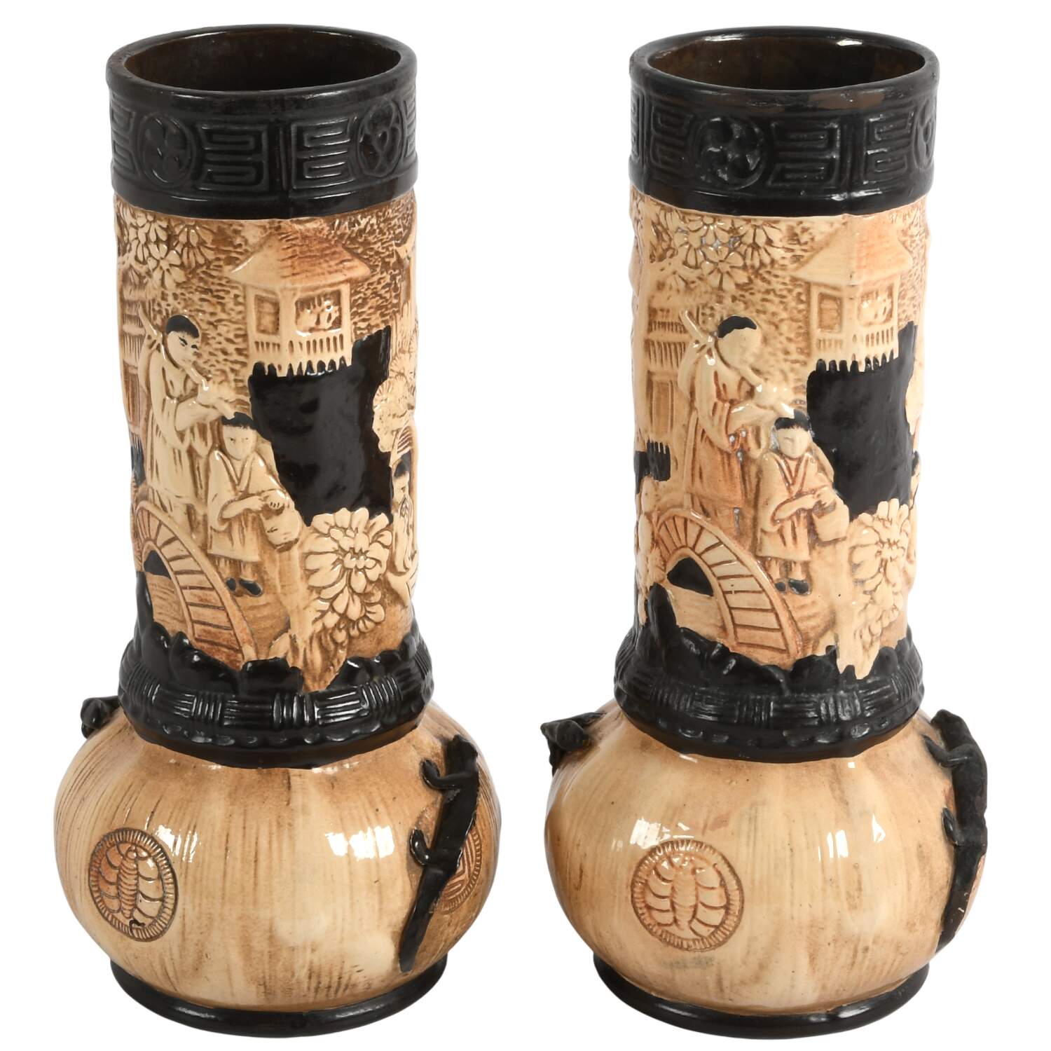 Pair of Bretby Chinoiserie English Pottery Vases-2