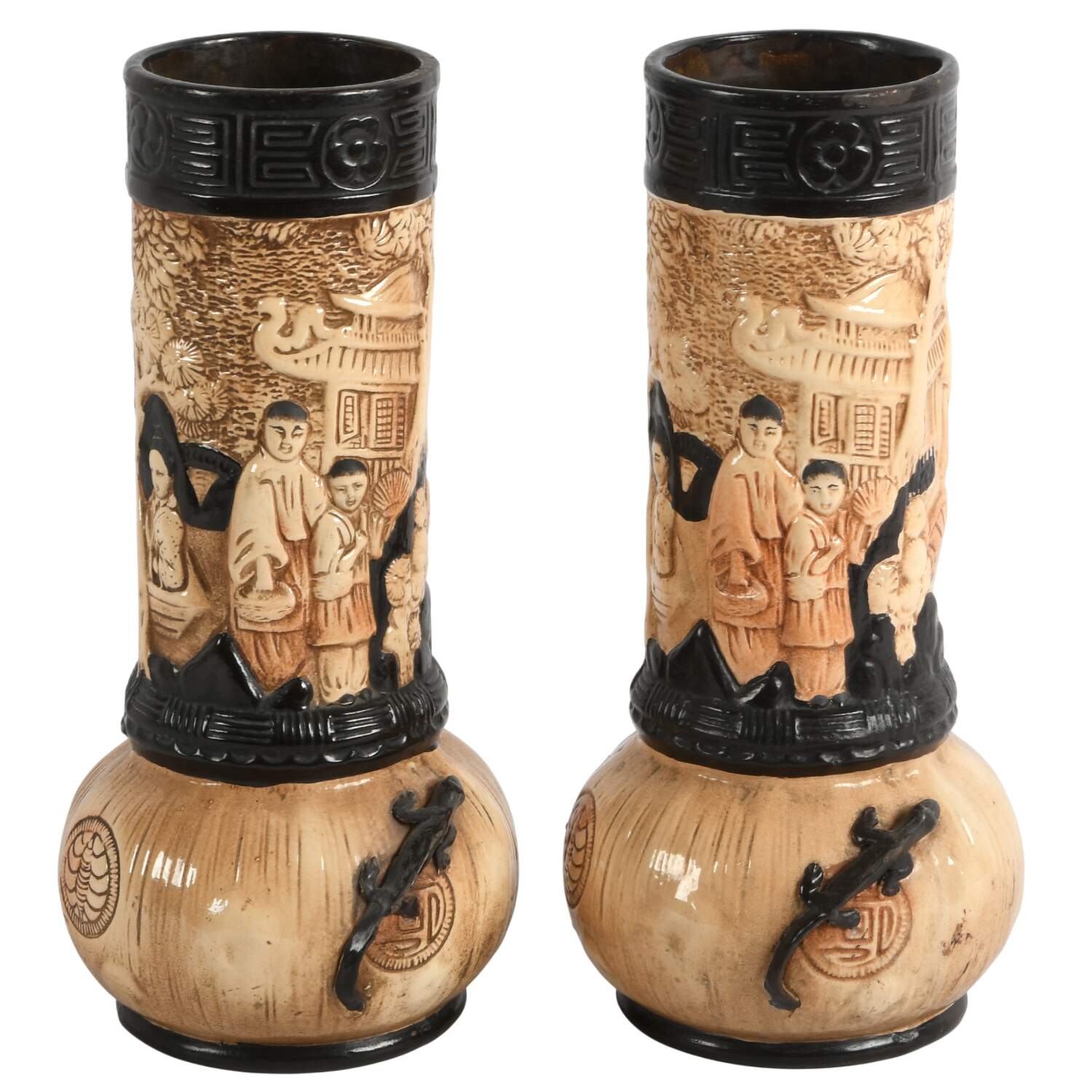 Pair of Bretby Chinoiserie English Pottery Vases-1