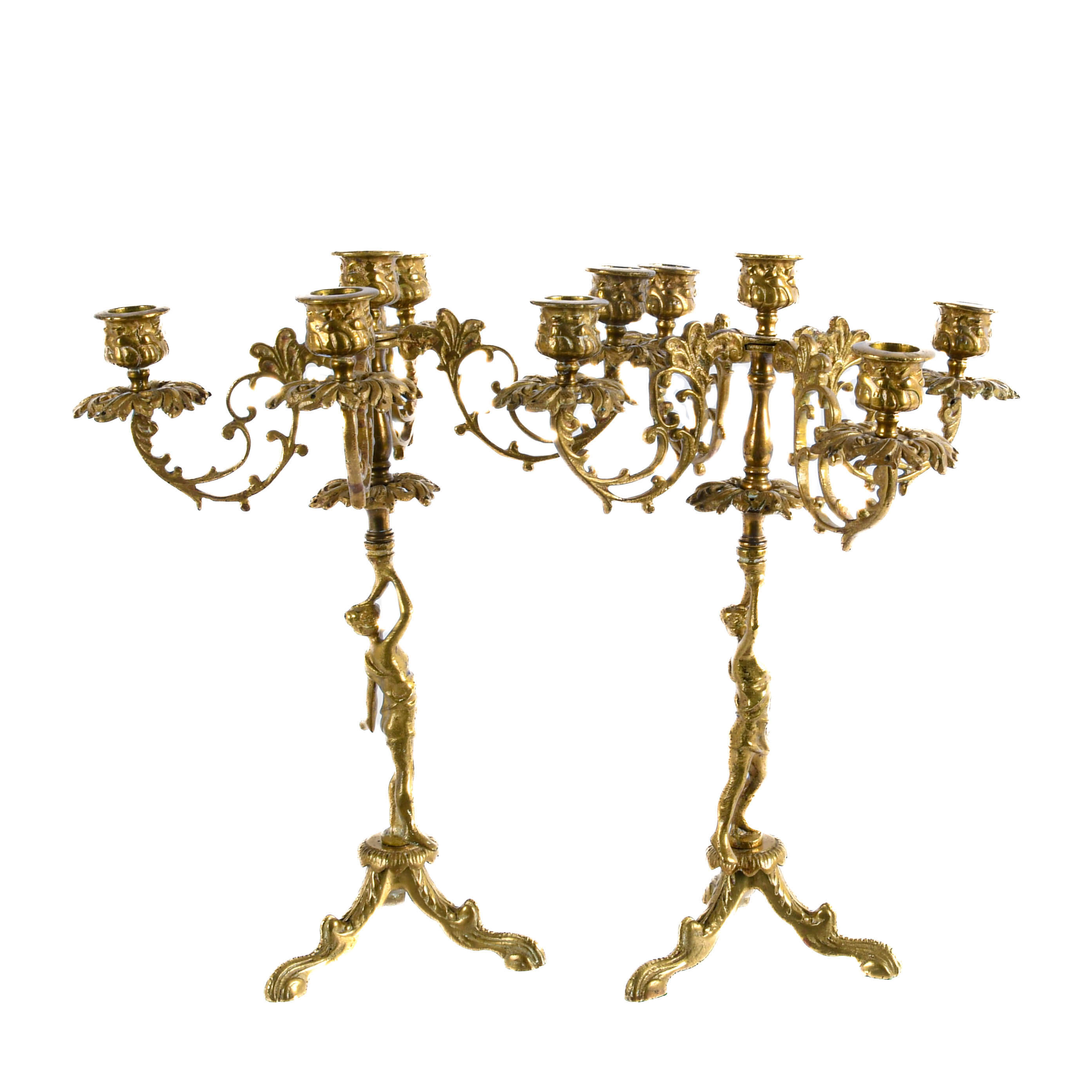 Pair of Brass Figural Five-Arm Candle Holders-4