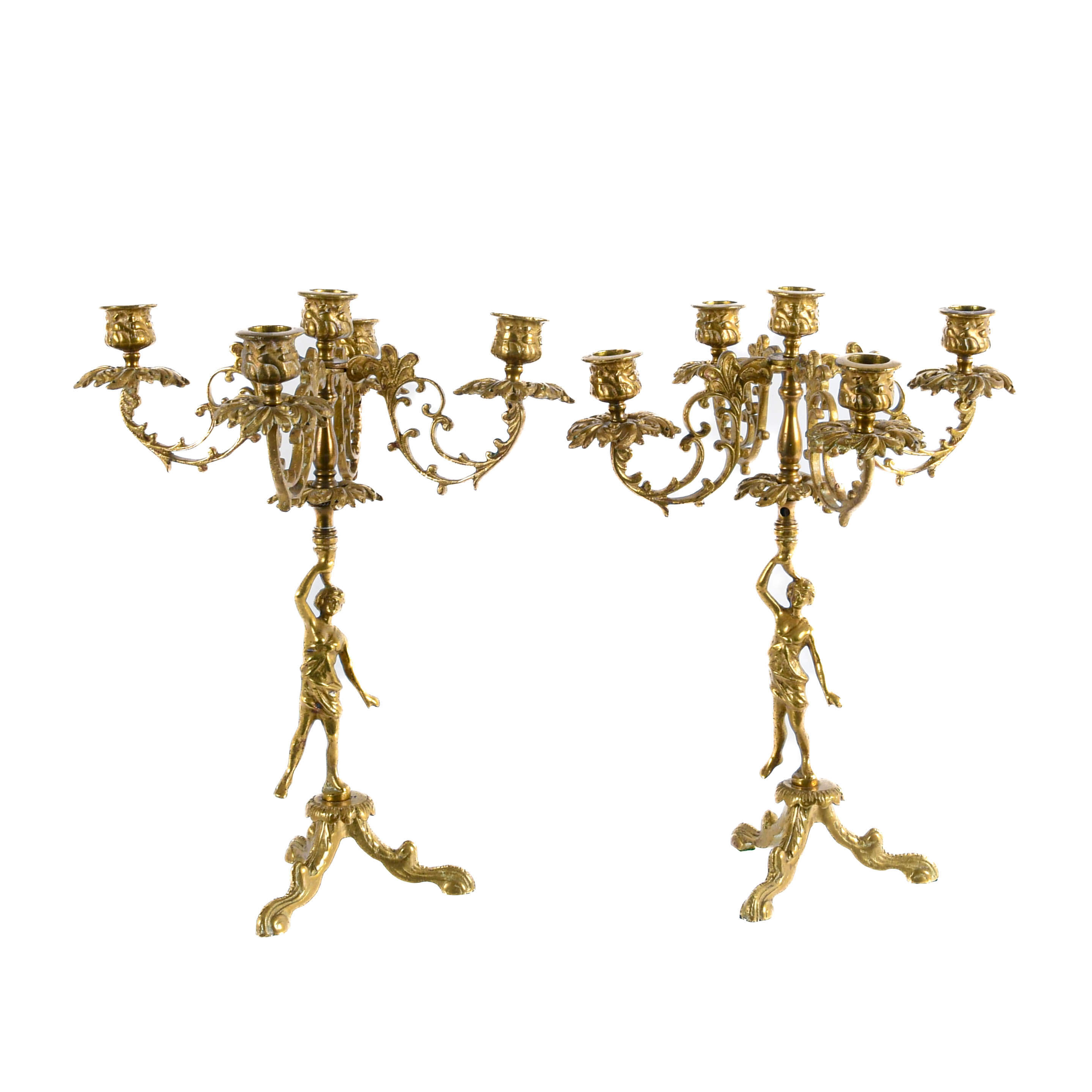 Pair of Brass Figural Five-Arm Candle Holders-1