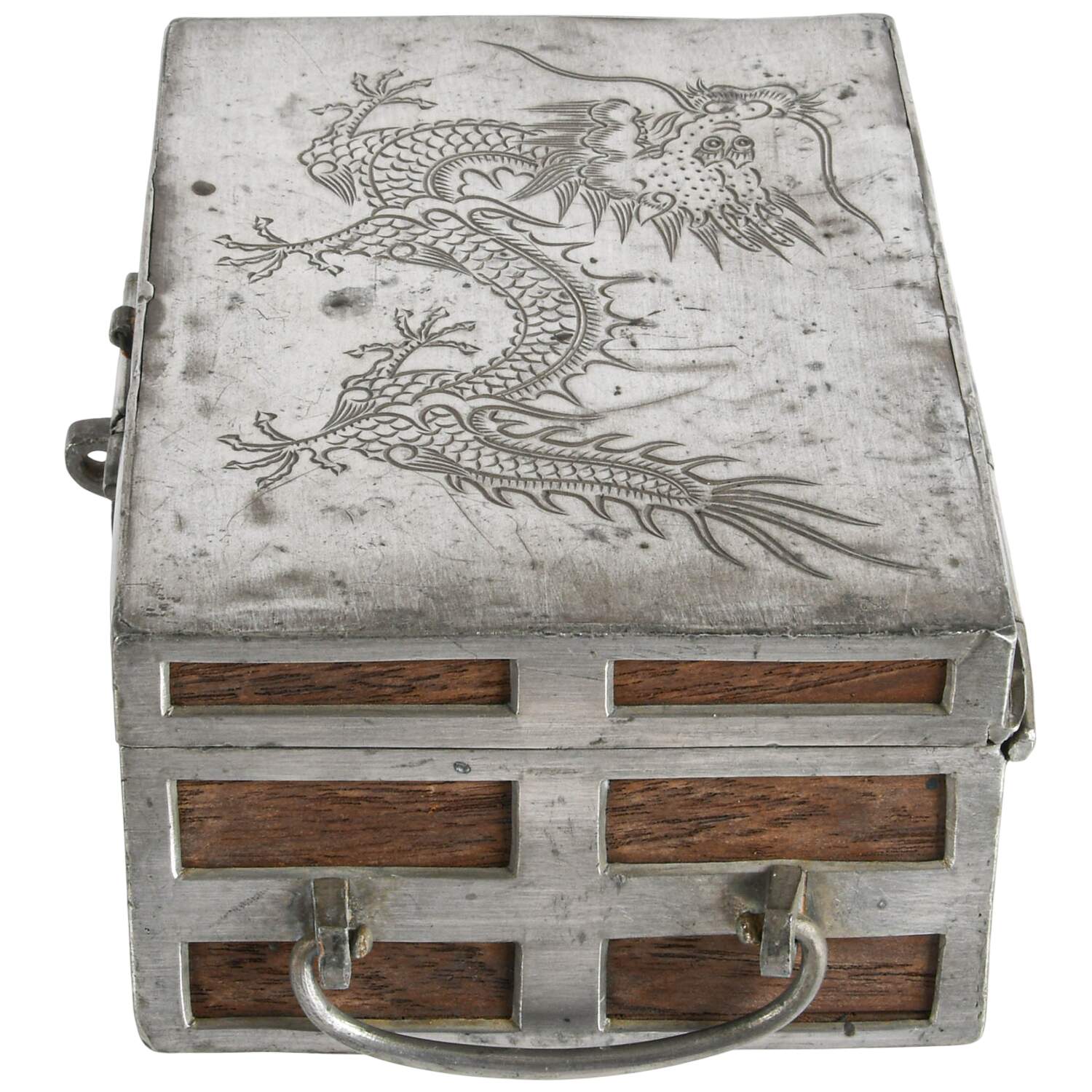 Antique Chinese Pewter and Wood Storage Box-6