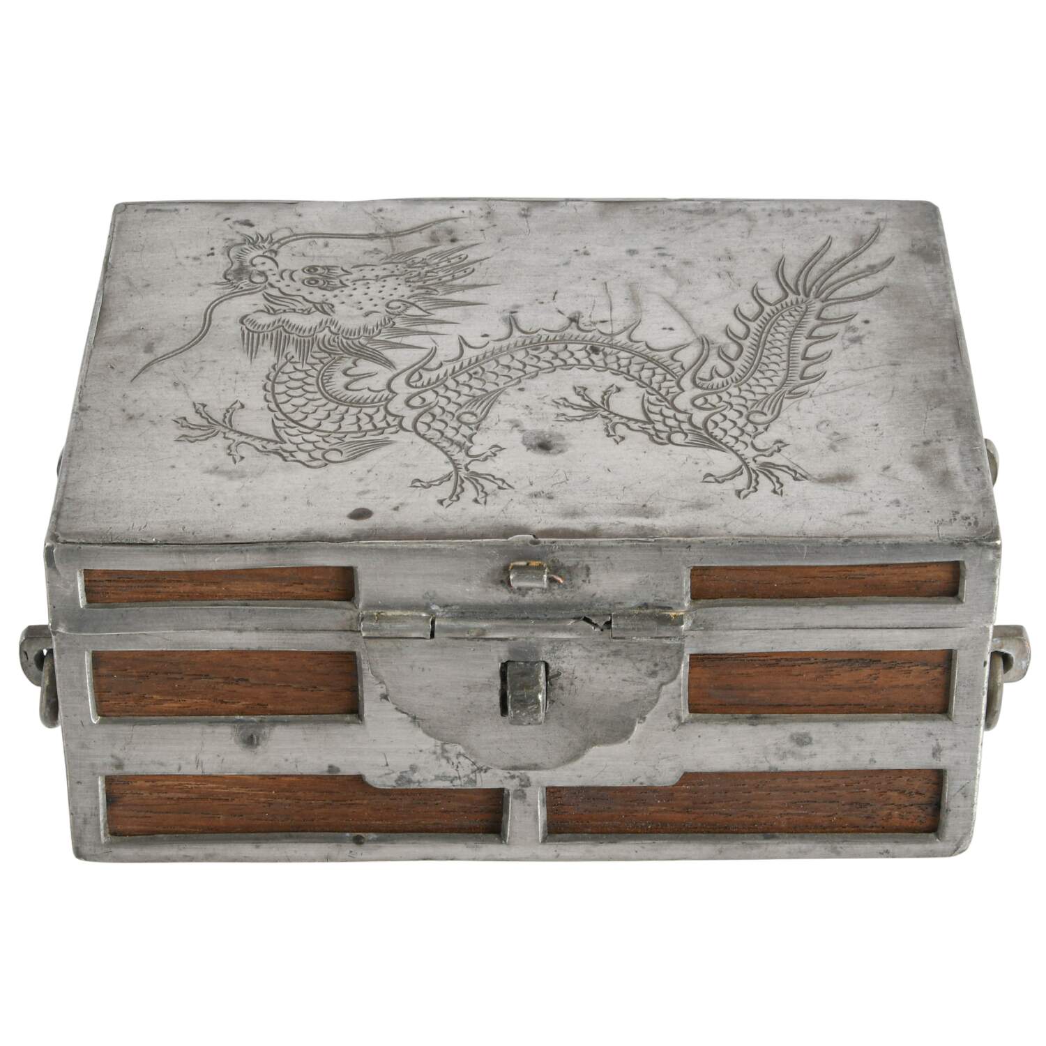 Antique Chinese Pewter and Wood Storage Box-5