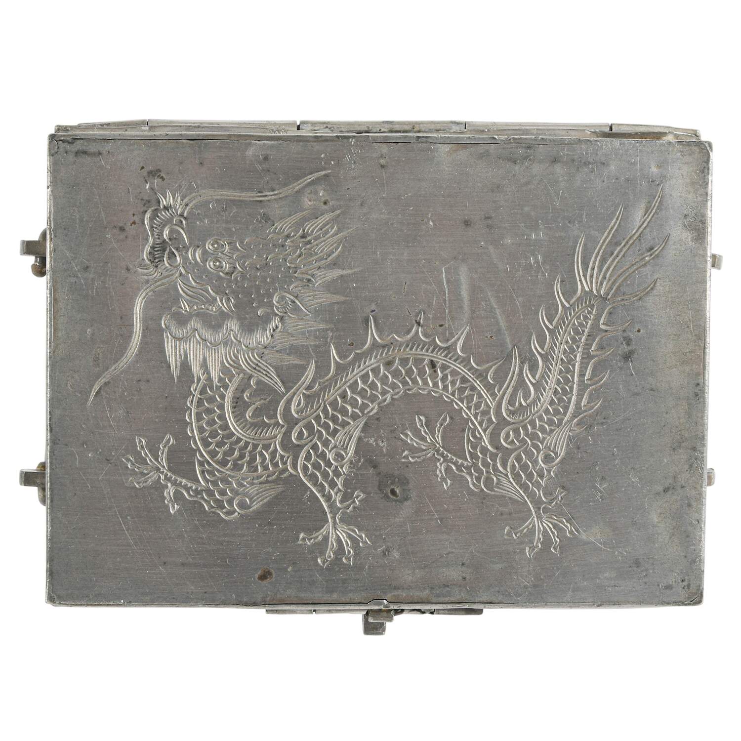 Antique Chinese Pewter and Wood Storage Box-4
