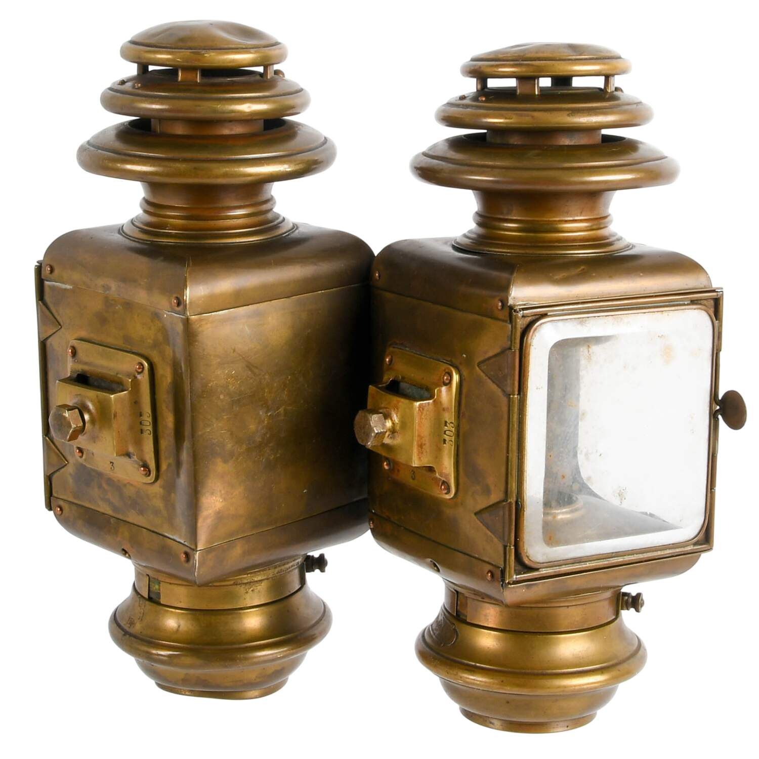 Antique Pair of French Brass Automobile Side Lamps-4
