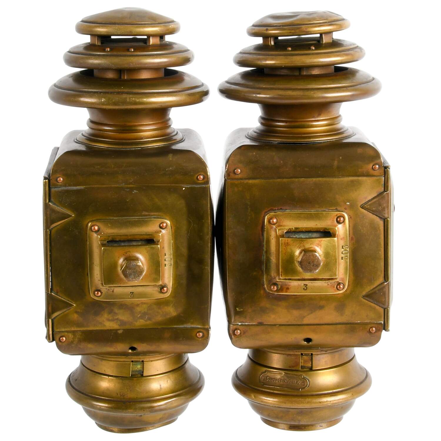 Antique Pair of French Brass Automobile Side Lamps-3