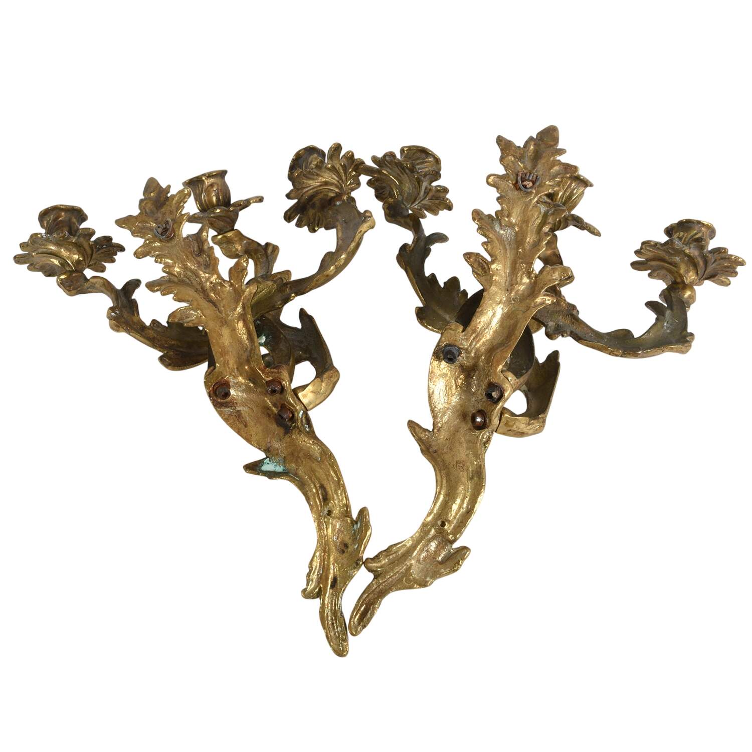Pair of Rococo Style Gilt Doré Bronze Candle Wall Sconces-7
