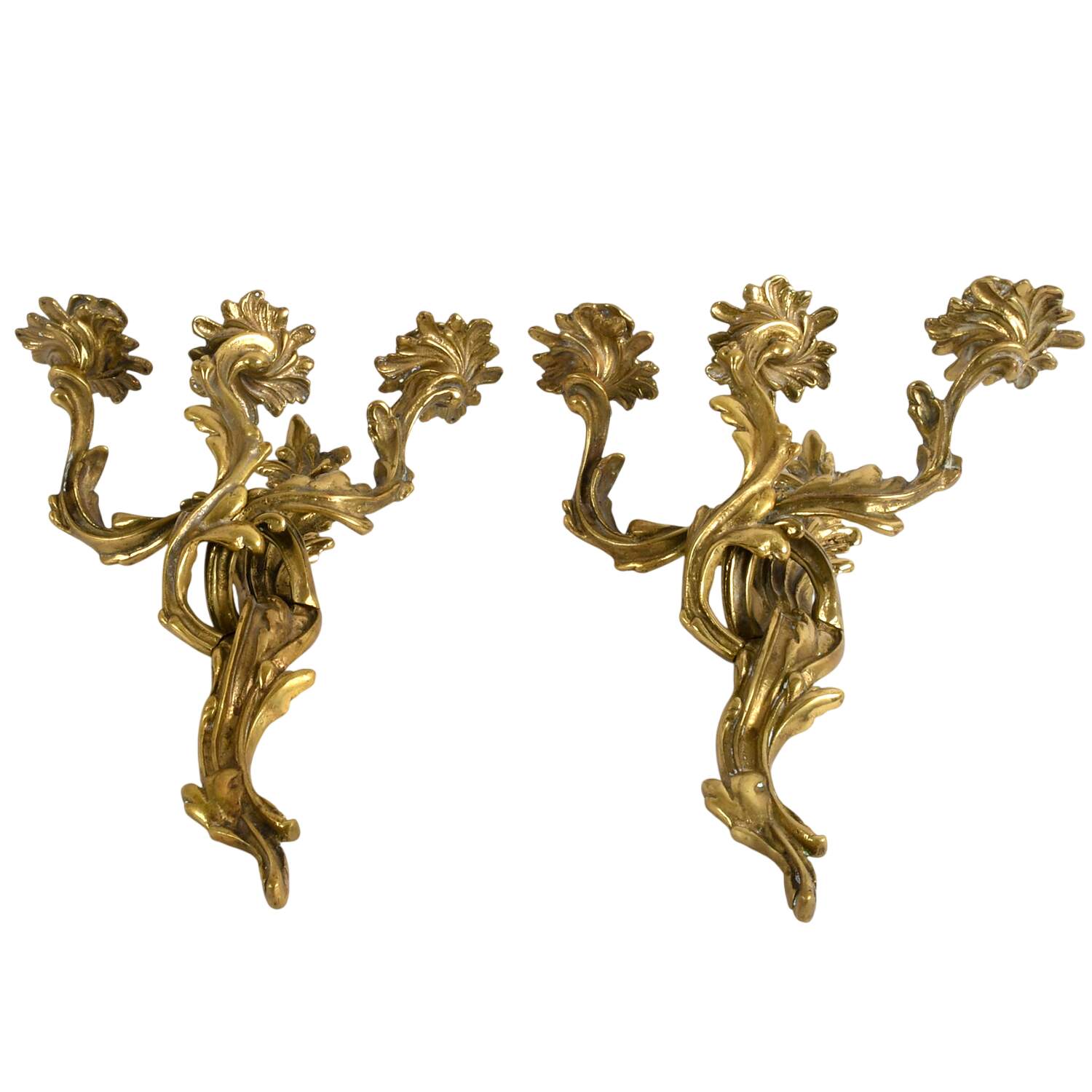 Pair of Rococo Style Gilt Doré Bronze Candle Wall Sconces-1