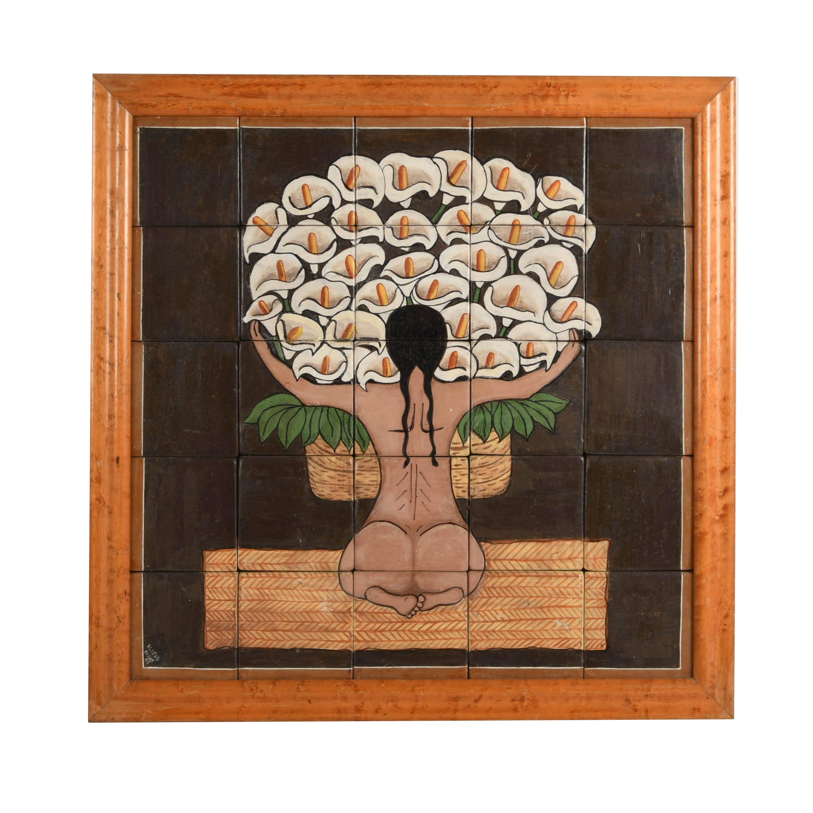 Framed Signed "Nude with Calla Lillies" Tile Art After Diego Rivera-1
