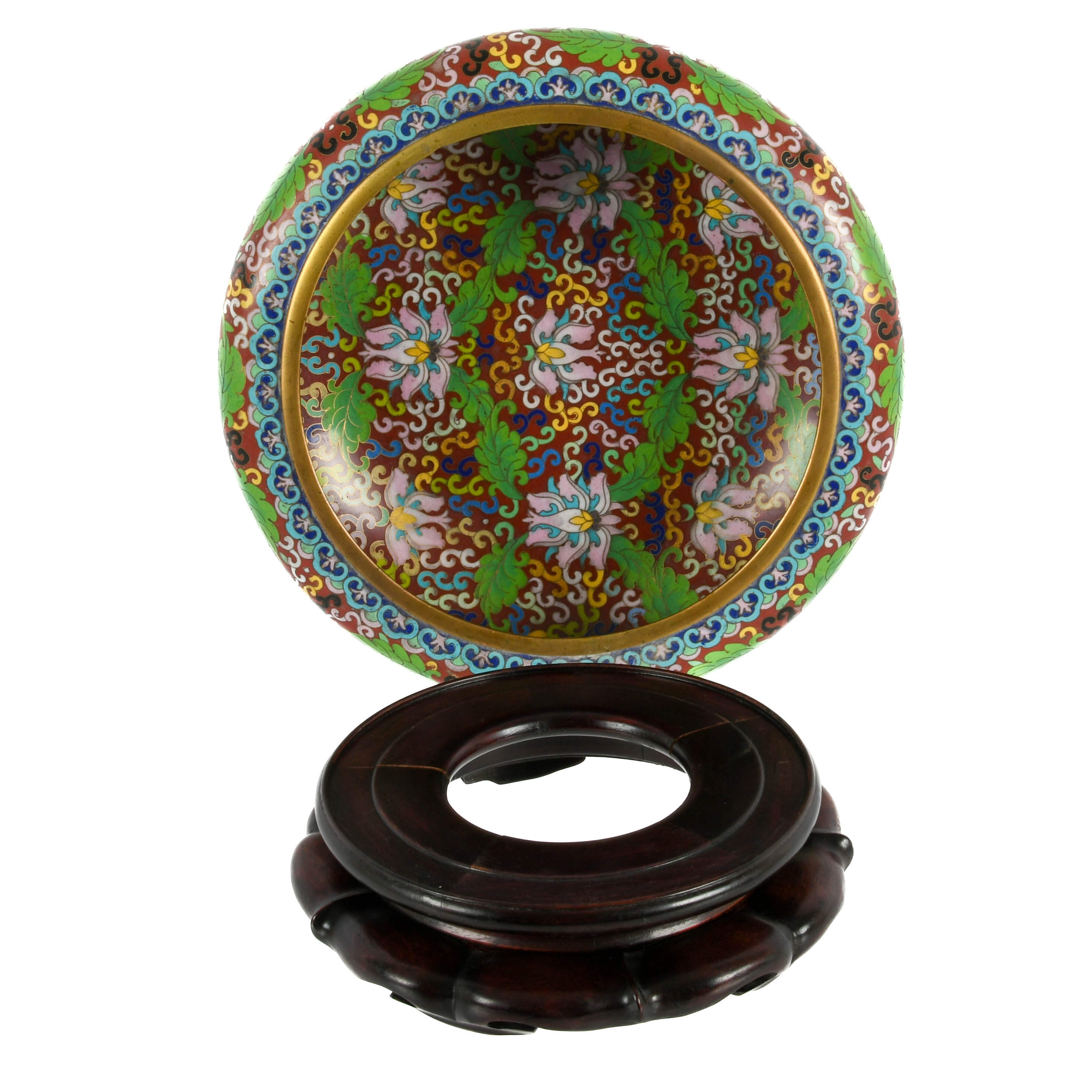 Large Crimson Cloisonné Bowl with Carved Wood Stand-5