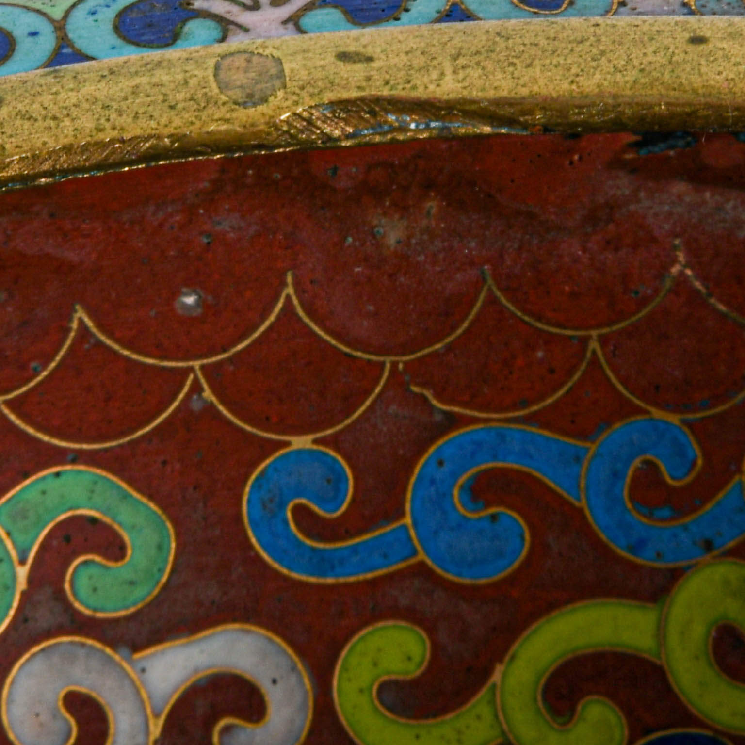 Large Crimson Cloisonné Bowl with Carved Wood Stand-4