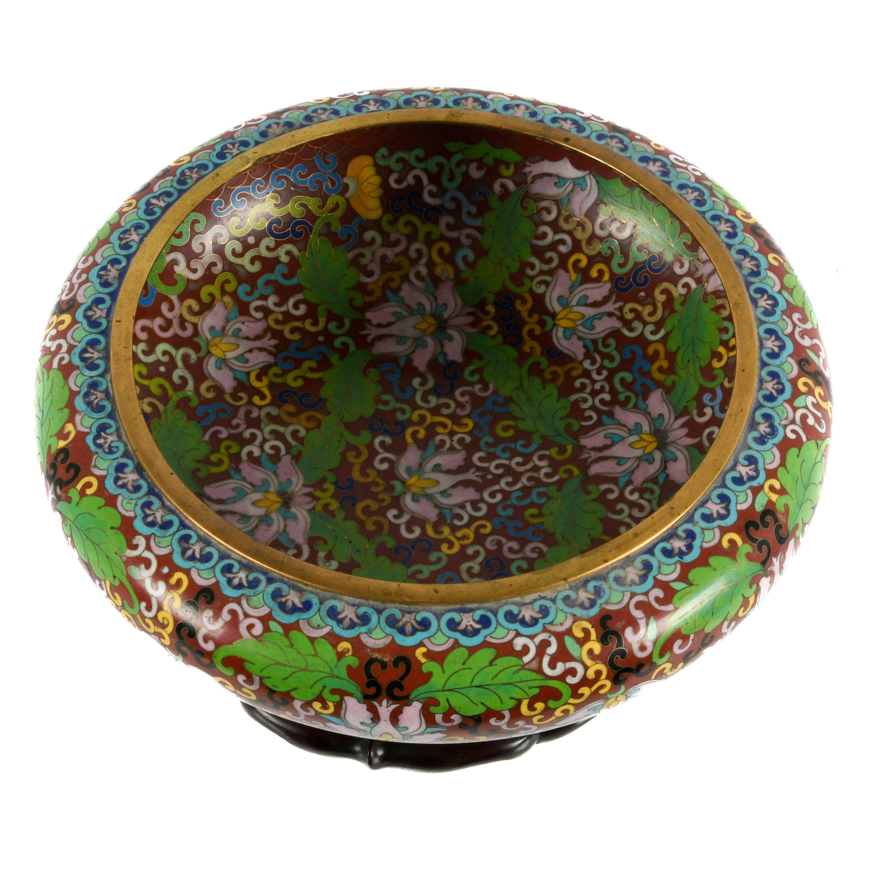 Large Crimson Cloisonné Bowl with Carved Wood Stand-2