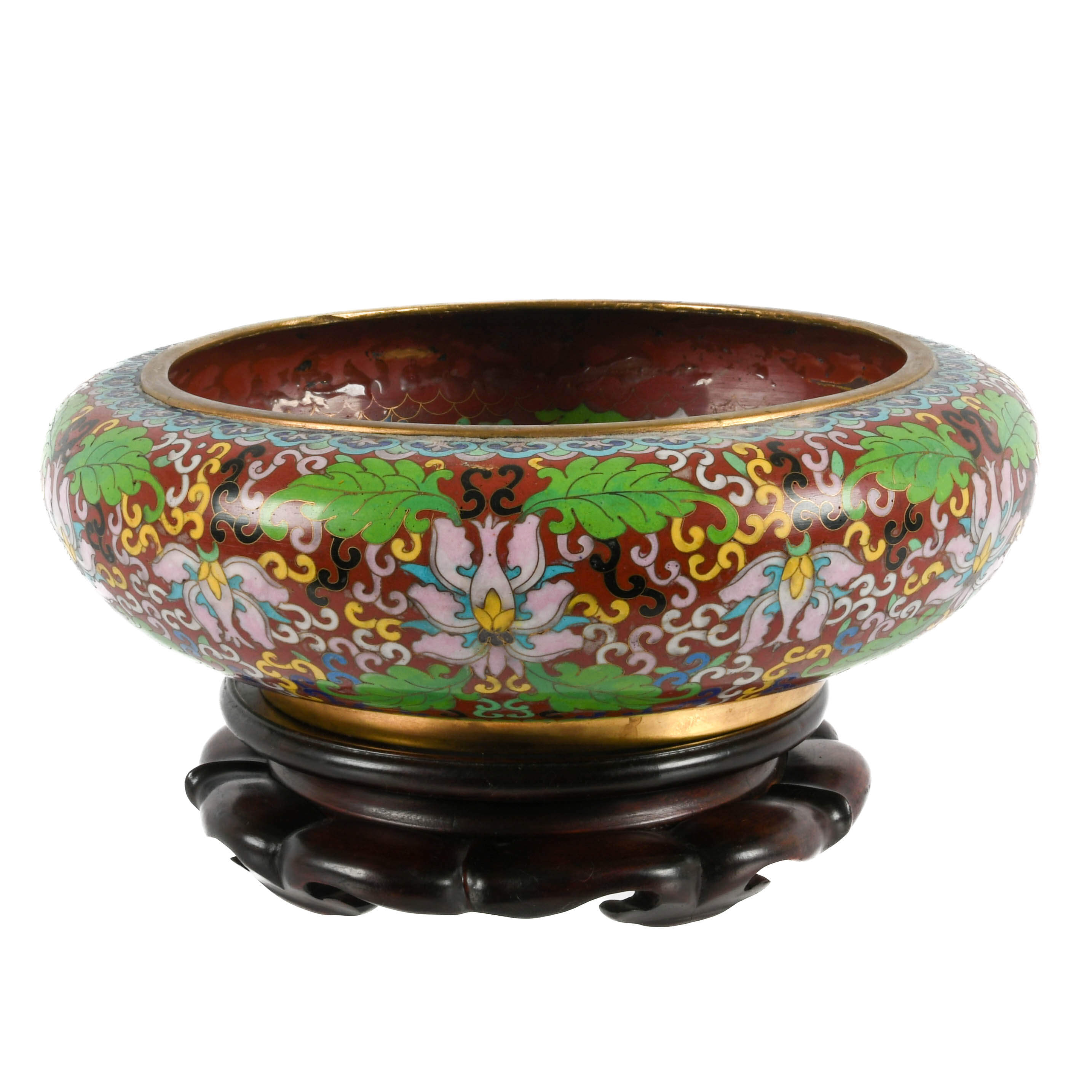 Large Crimson Cloisonné Bowl with Carved Wood Stand-1