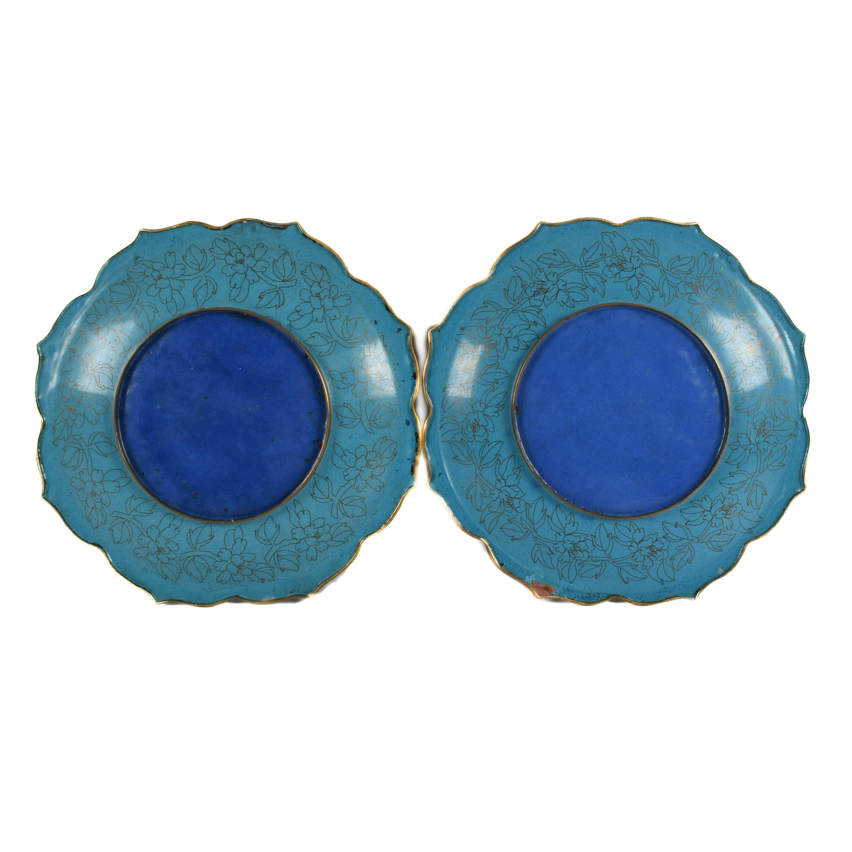 Pair of Jingfa Scalloped Rim Chinese Cloisonné Chargers-7
