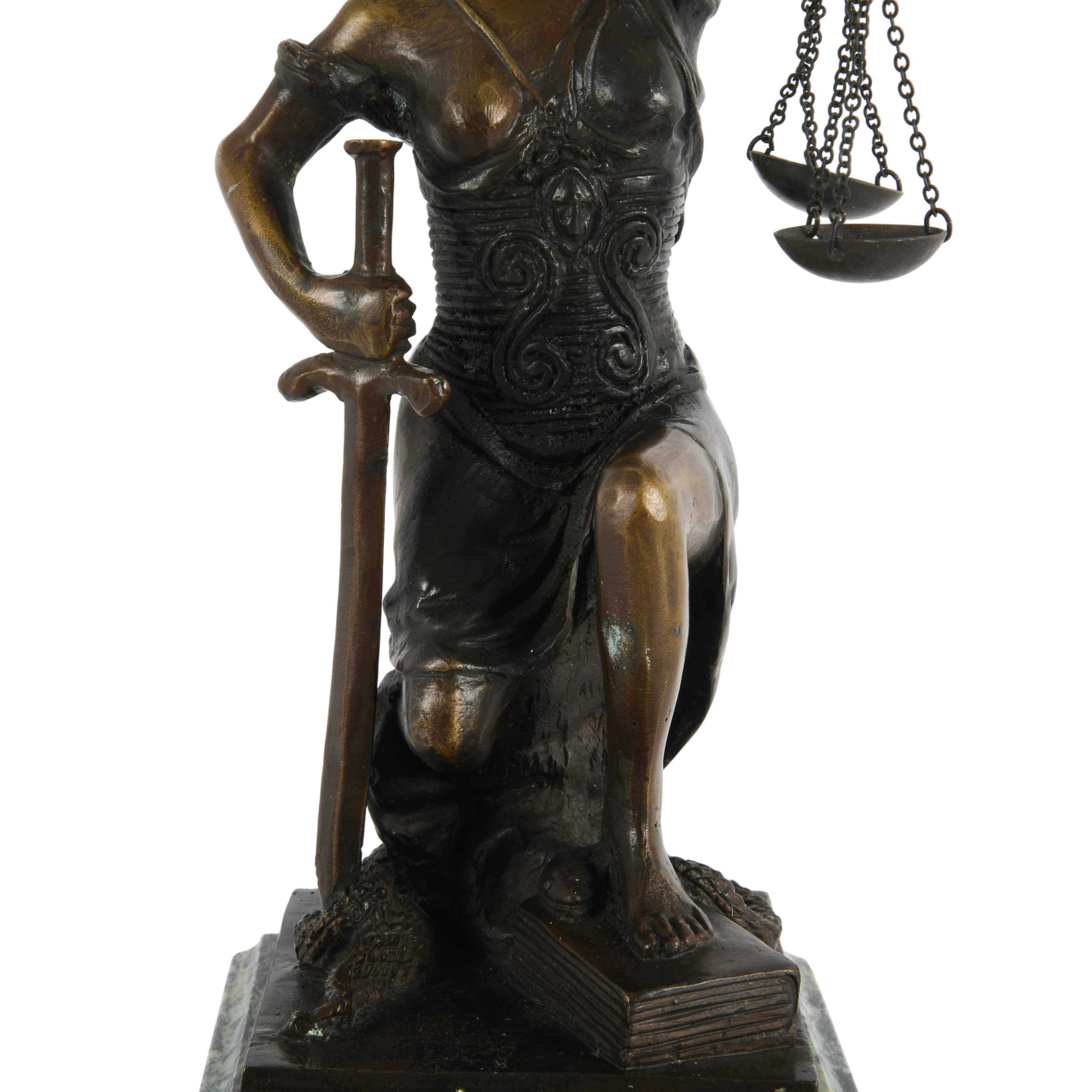 Signed Pair of Bronze and Marble Lady Justice Bookends-7