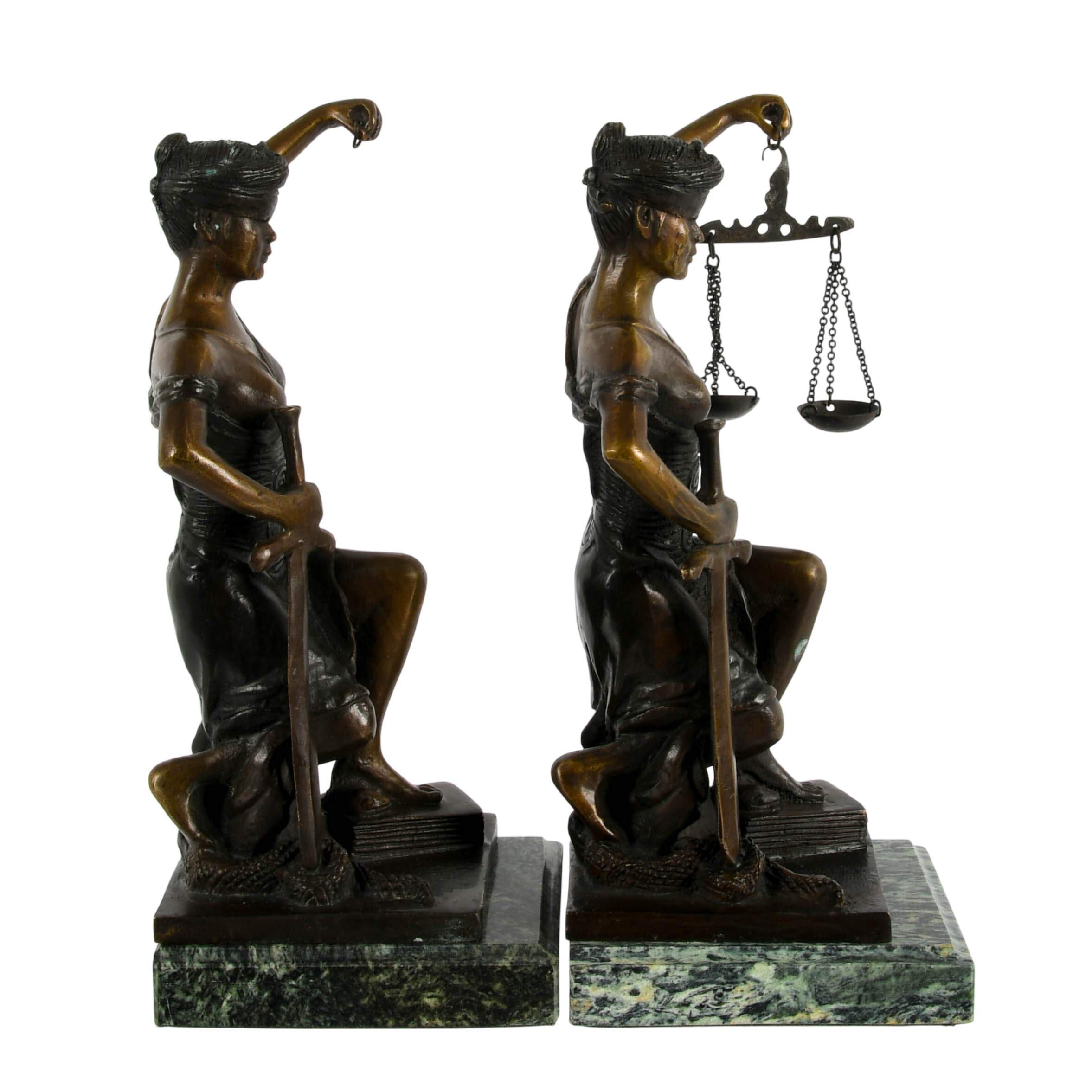 Signed Pair of Bronze and Marble Lady Justice Bookends-5