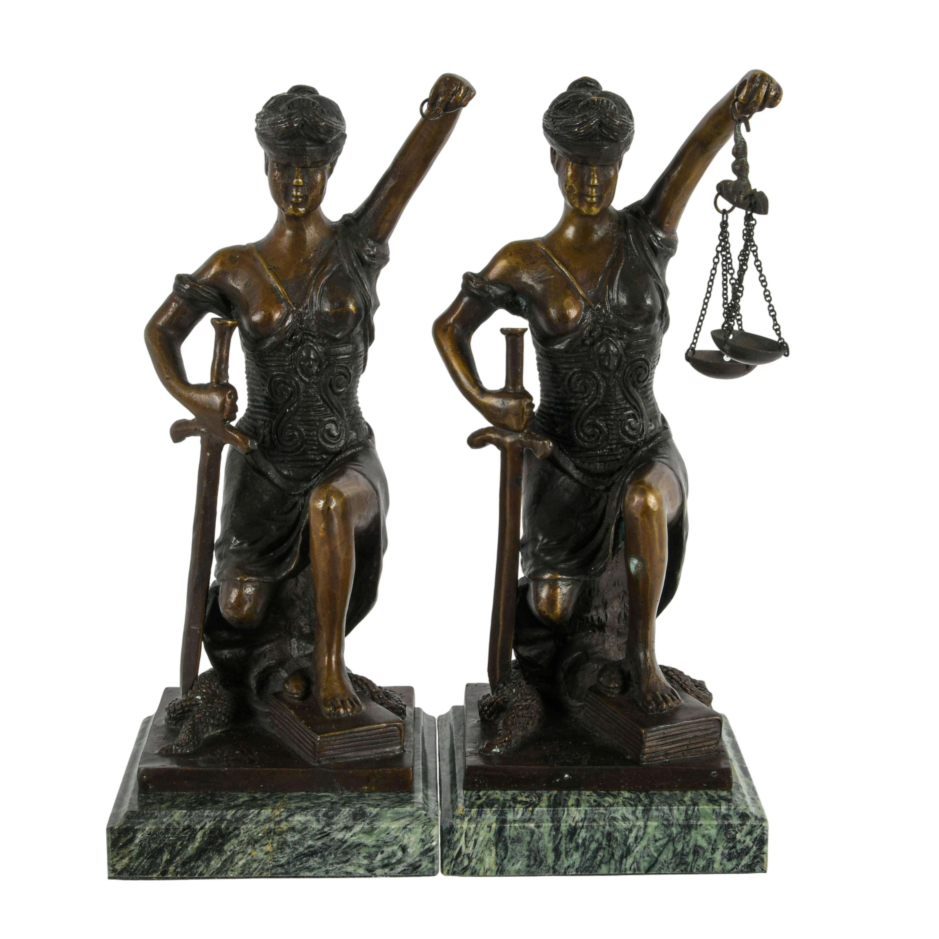 Signed Pair of Bronze and Marble Lady Justice Bookends-1
