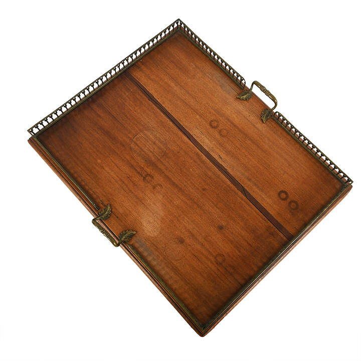 Antique Bronze and Wood Serving Tray-5