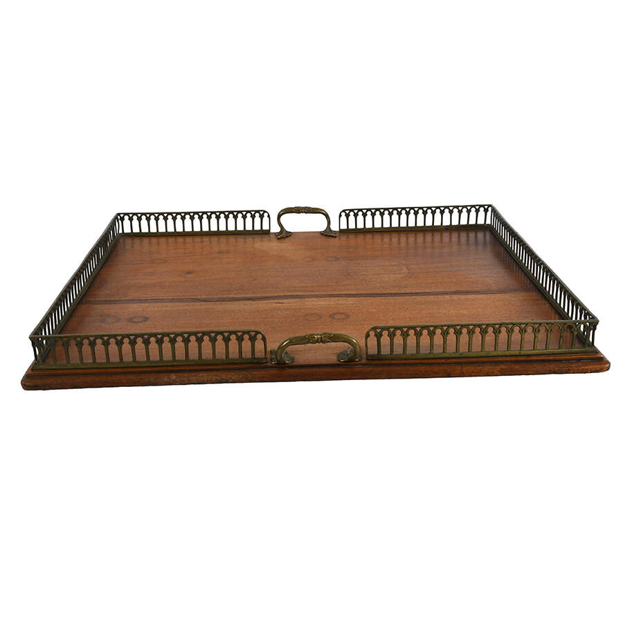 Antique Bronze and Wood Serving Tray-3
