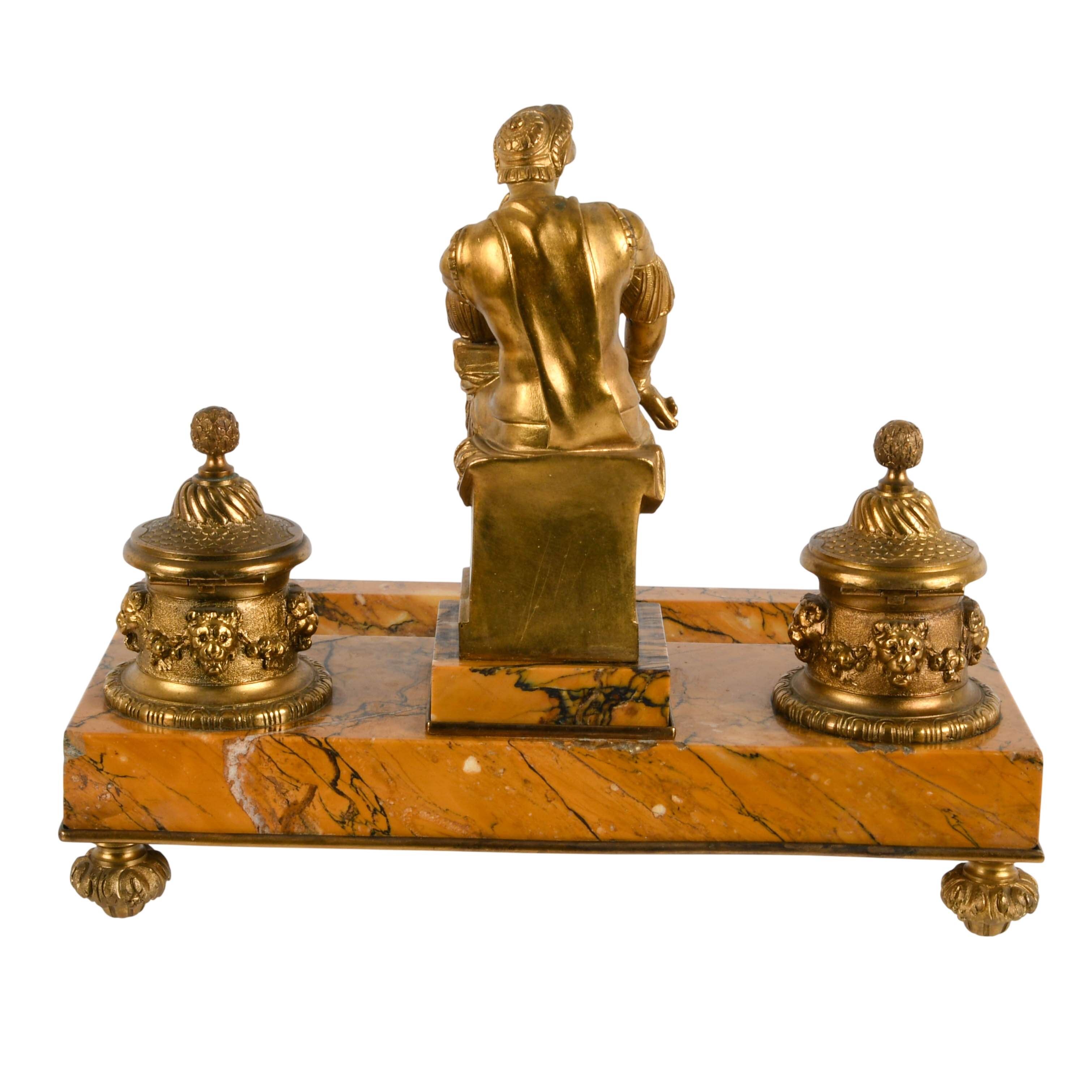 French Doré Bronze Figural Inkwell on Marble Base-6