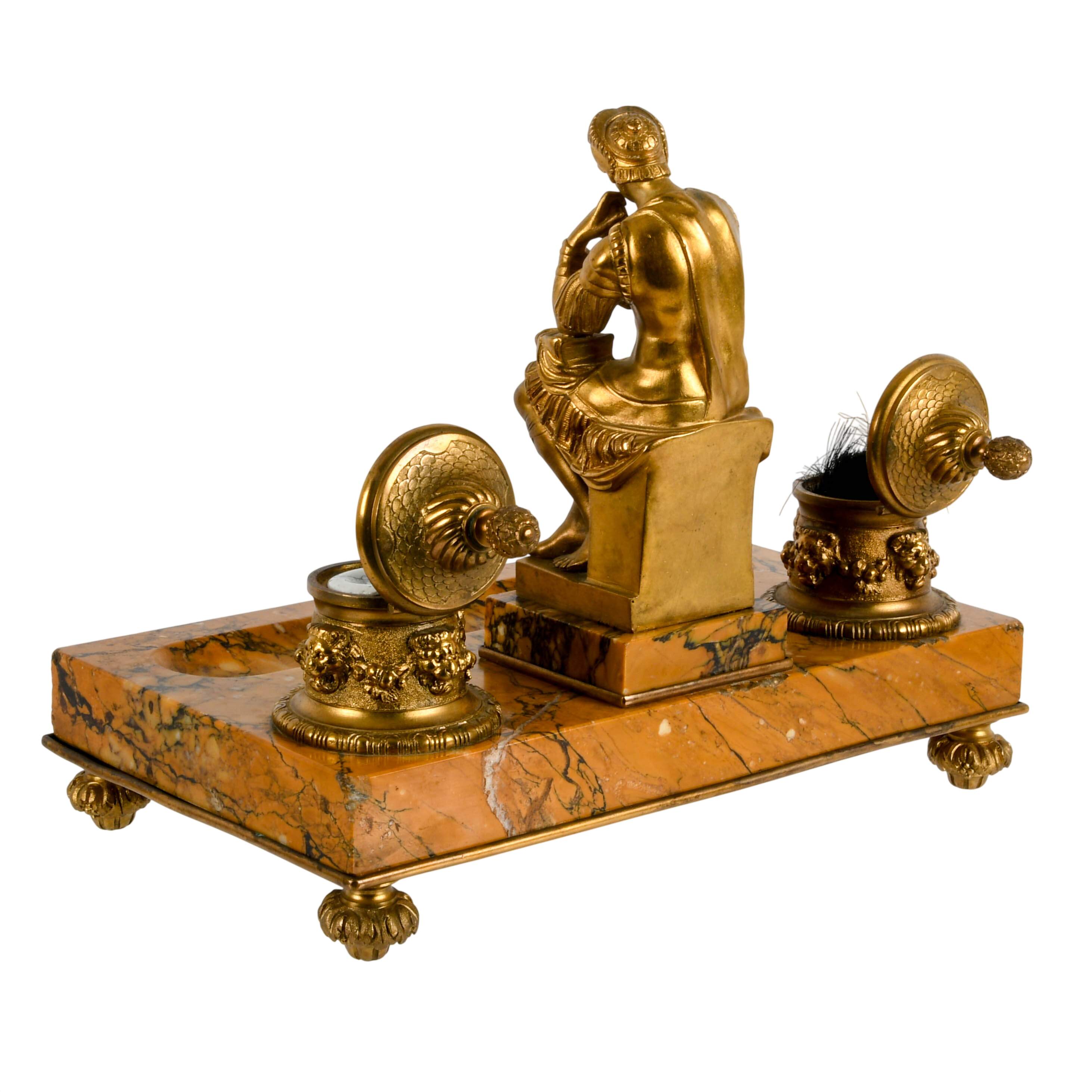 French Doré Bronze Figural Inkwell on Marble Base-5