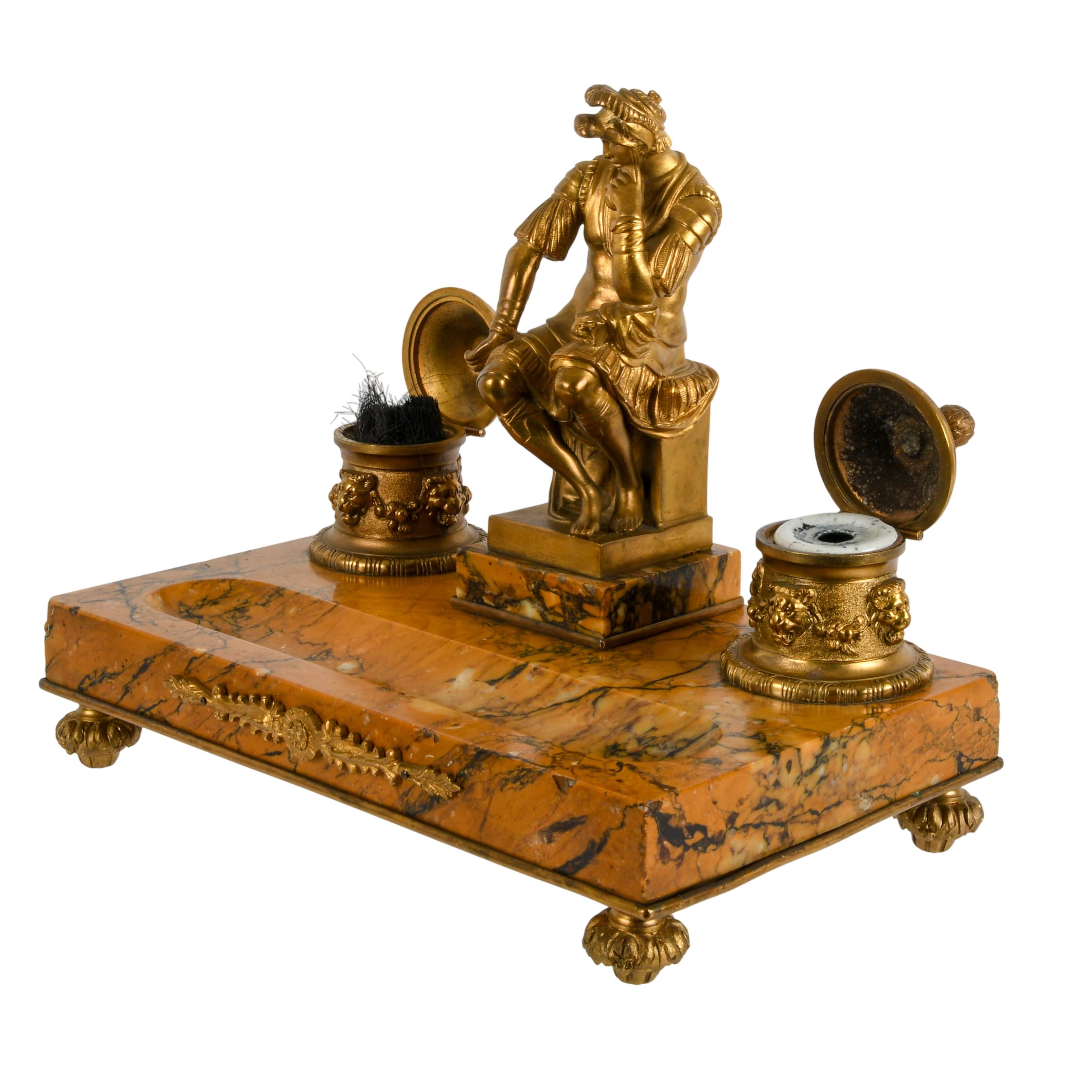 French Doré Bronze Figural Inkwell on Marble Base-3