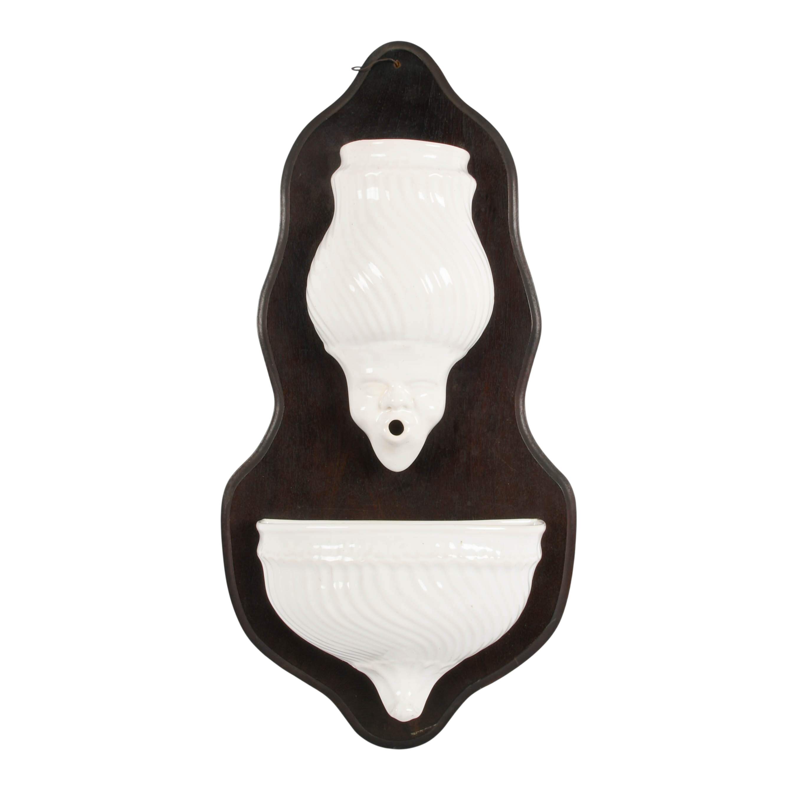 Italian Figural Motif Ceramic and Wood Lavabo Wall Fountain-1
