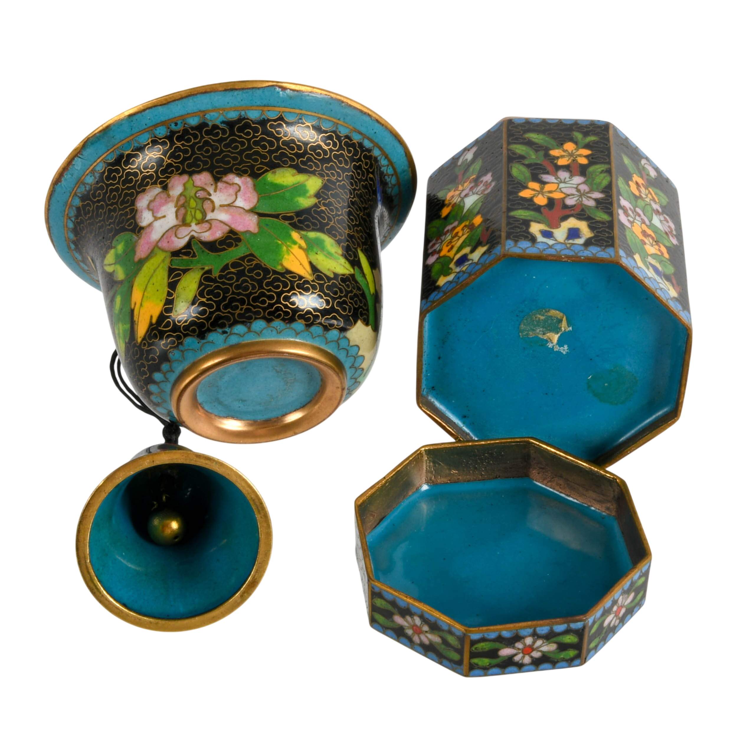Three-Piece Chinese Cloisonné Floral Set Tea Box, Cup, and Bell-6