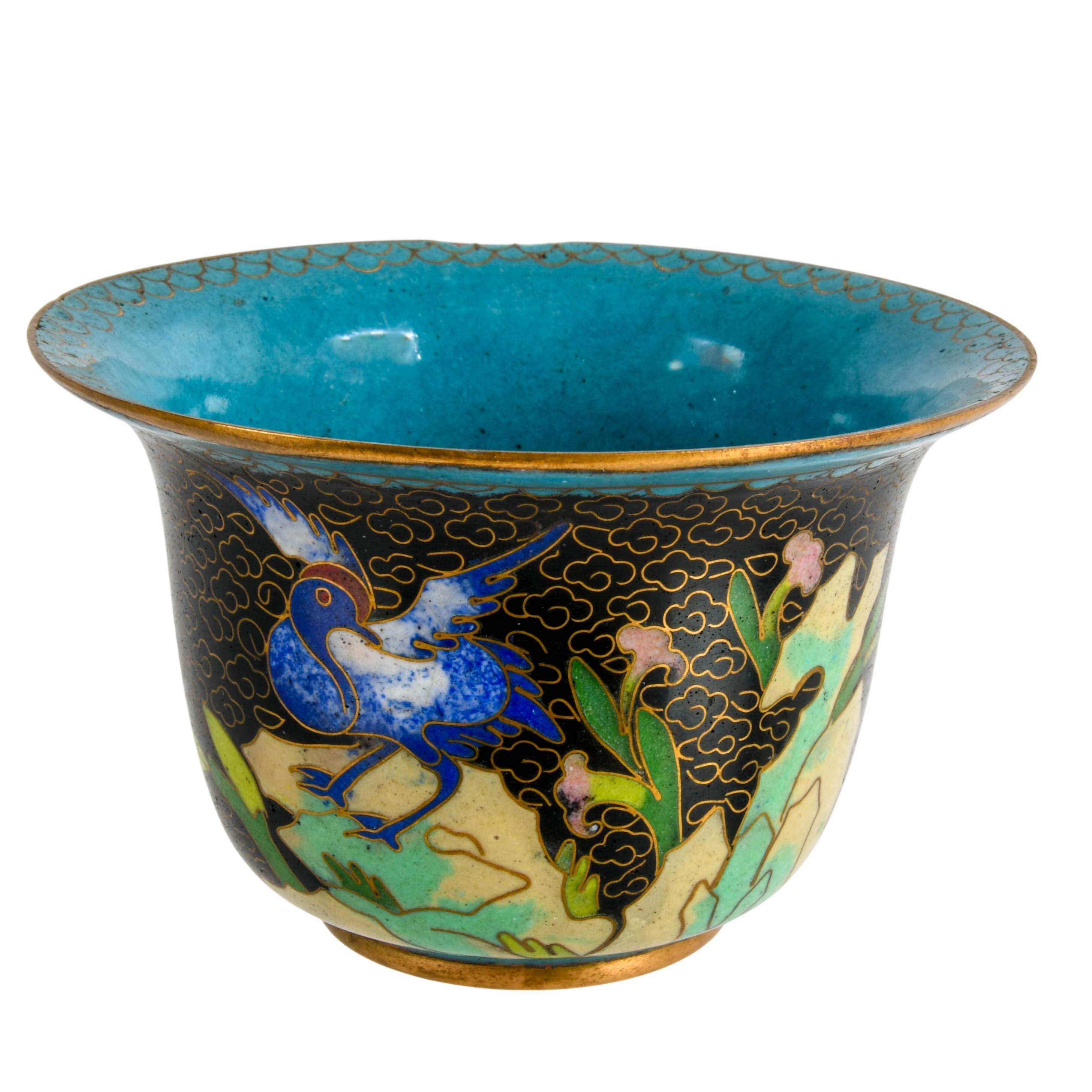 Three-Piece Chinese Cloisonné Floral Set Tea Box, Cup, and Bell-5