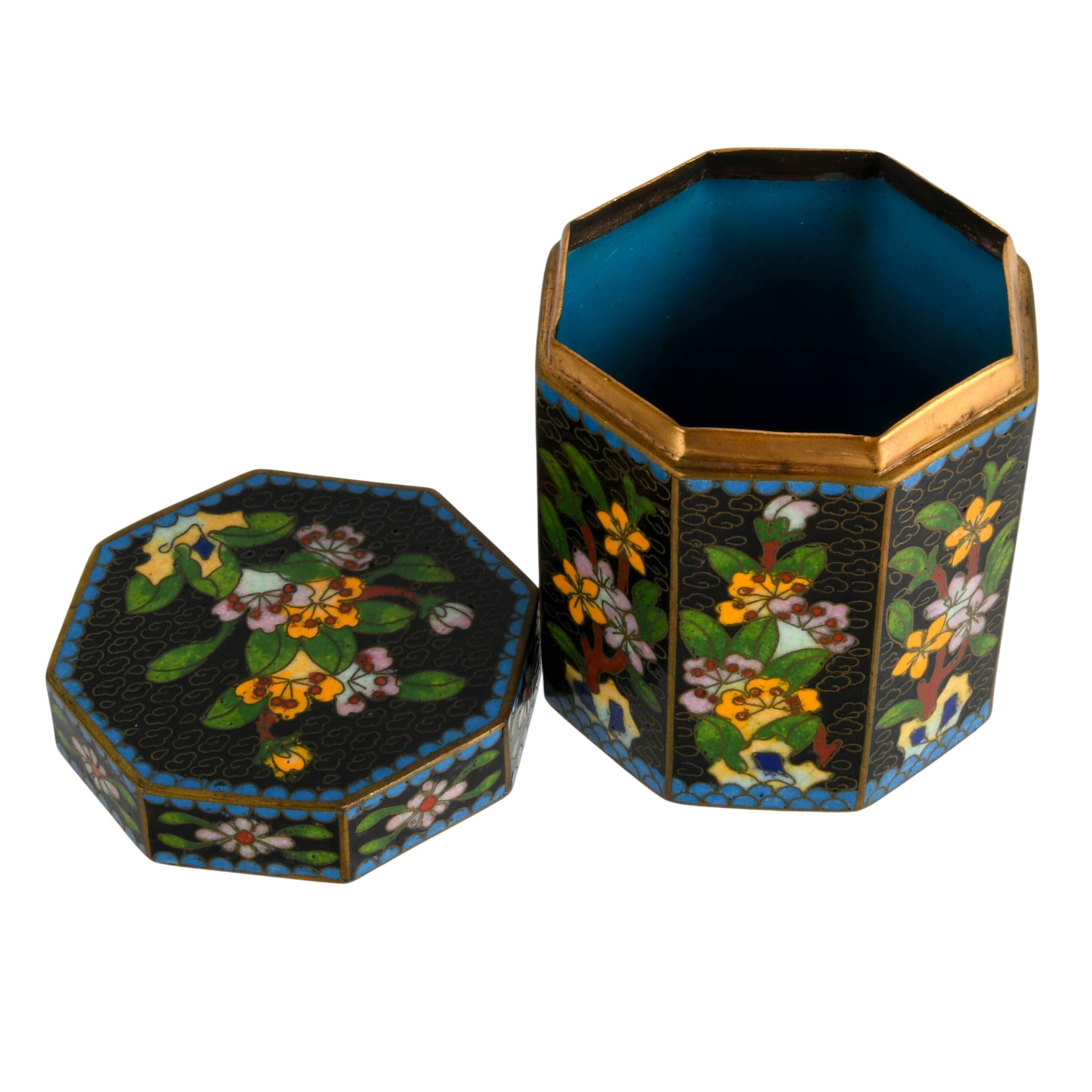 Three-Piece Chinese Cloisonné Floral Set Tea Box, Cup, and Bell-3