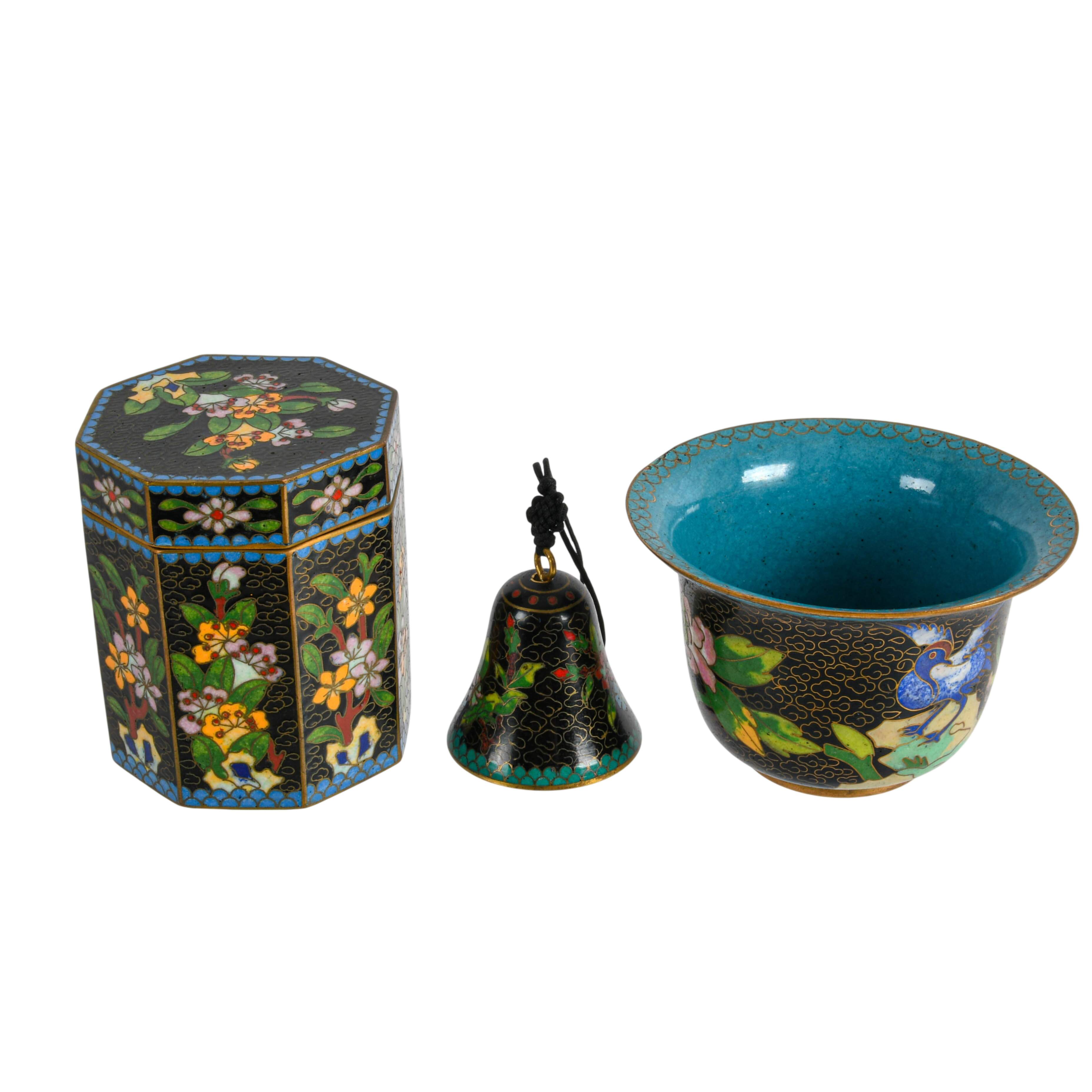Three-Piece Chinese Cloisonné Floral Set Tea Box, Cup, and Bell-2