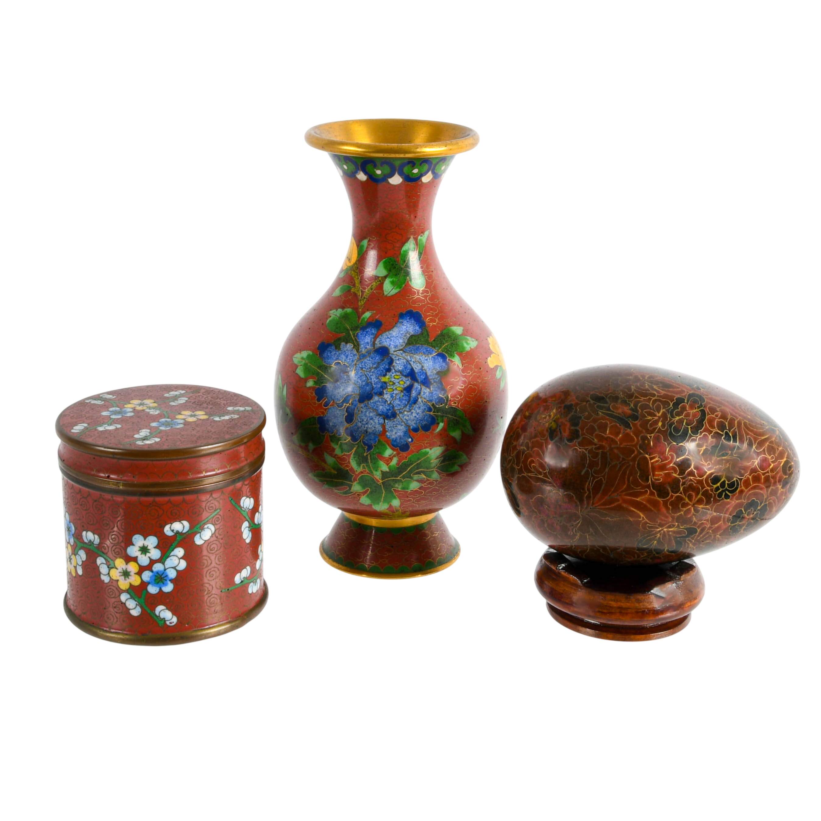 Three-Piece Chinese Cloisonné Red Floral Dresser Items-1