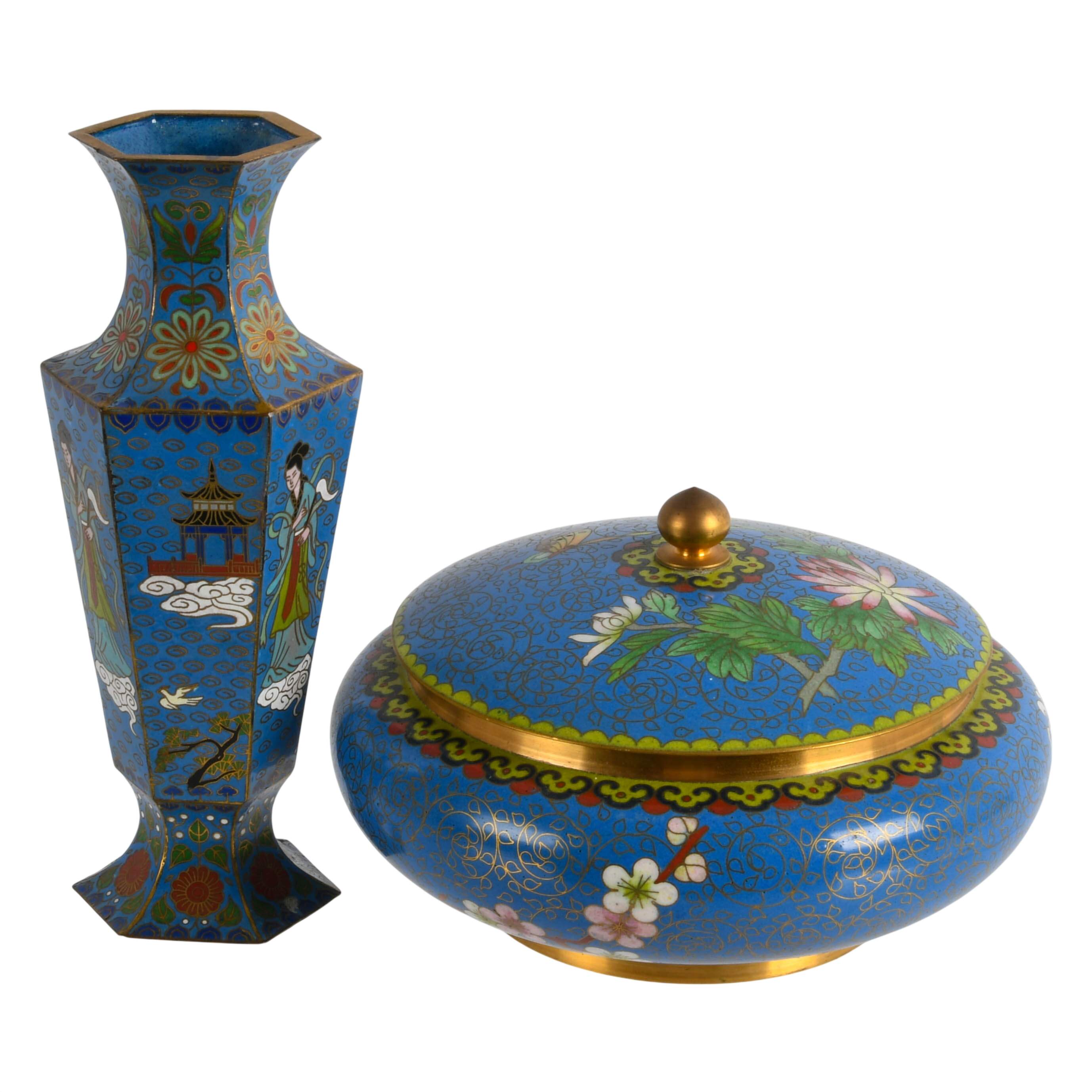 Two-Piece Chinese Cloisonné Blue Floral Vase and Trinket Box-2