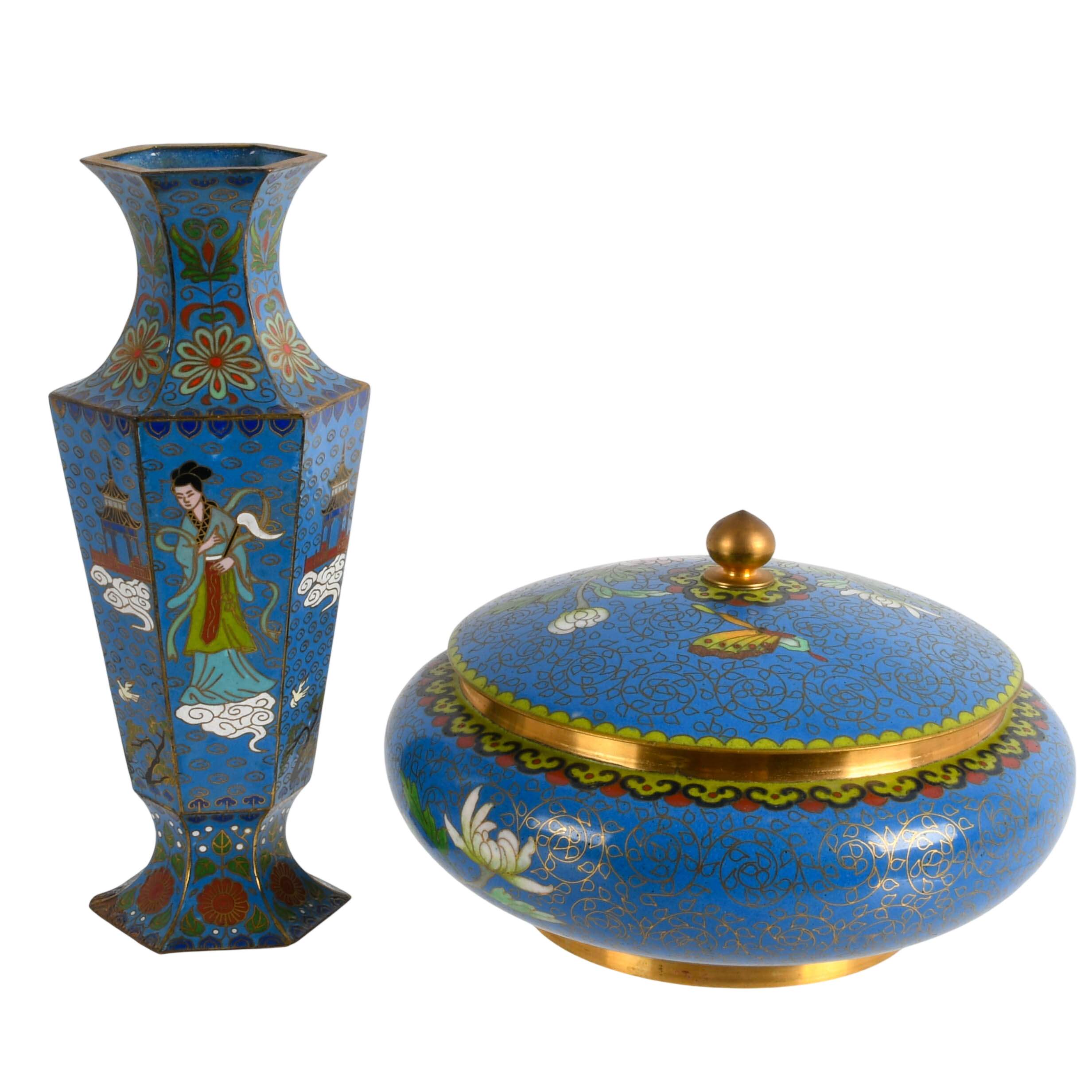 Two-Piece Chinese Cloisonné Blue Floral Vase and Trinket Box-1