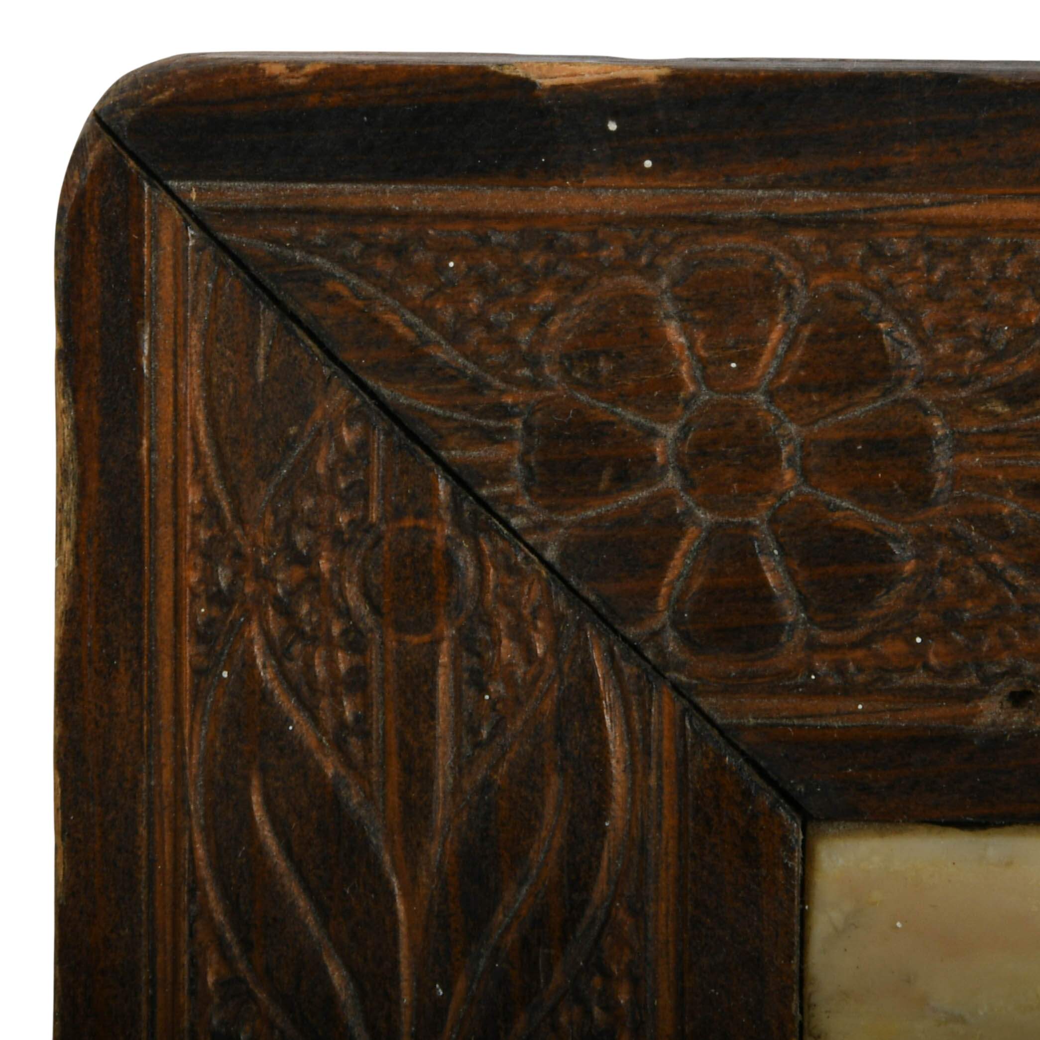 Antique Rectangular Wood and Marble Trivet-2