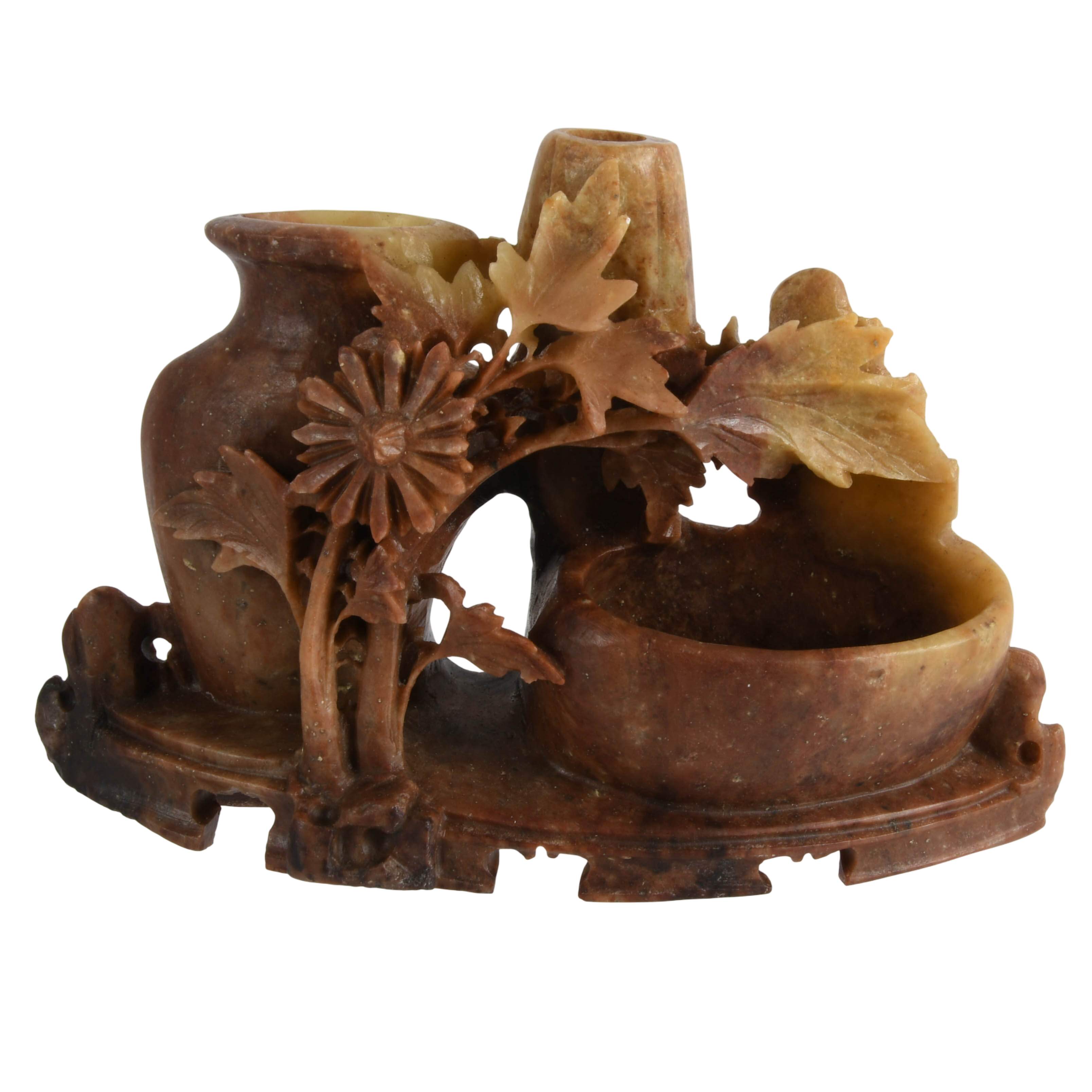 Set of Carved Chinese Soapstone Bookends and Vase Grouping-6