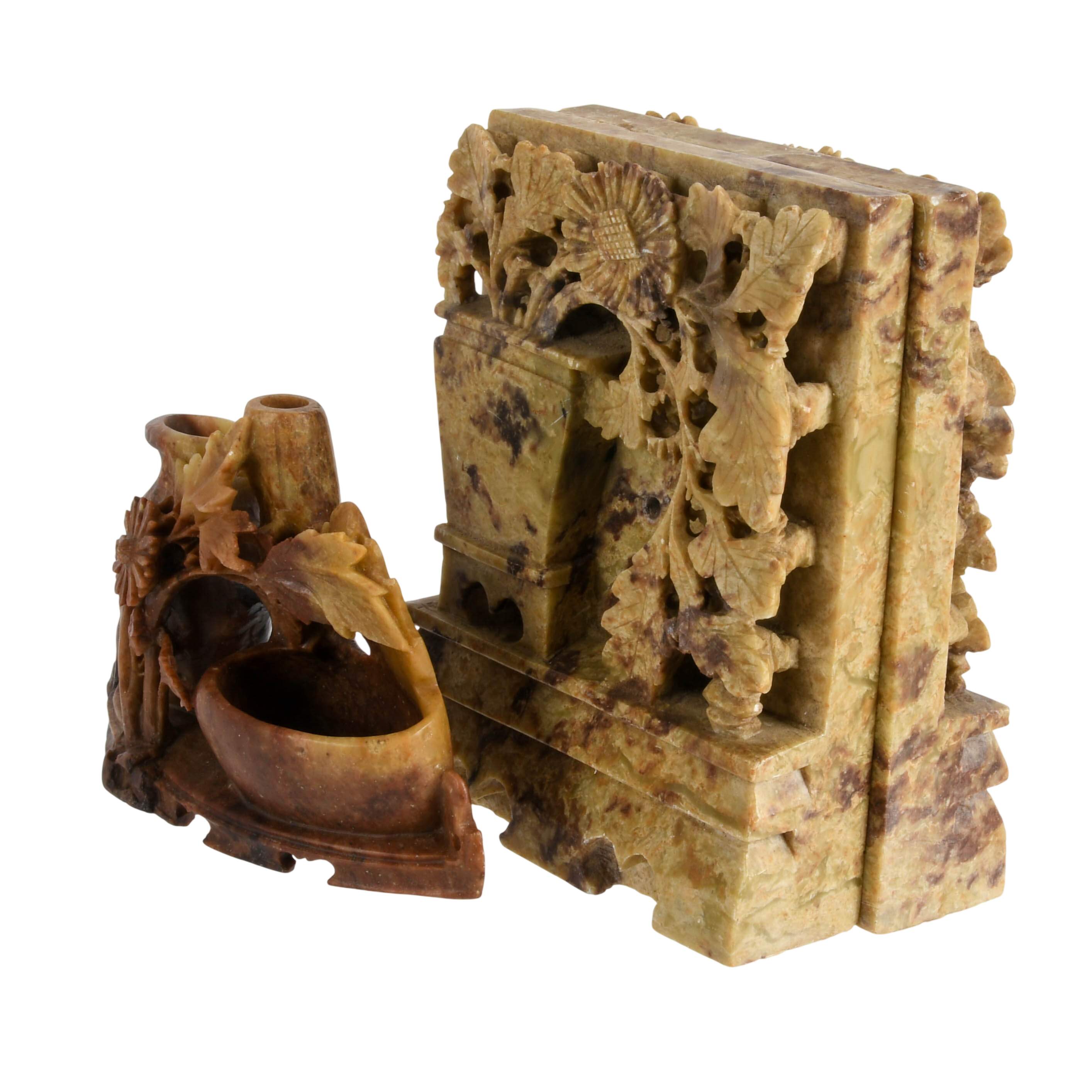 Set of Carved Chinese Soapstone Bookends and Vase Grouping-4